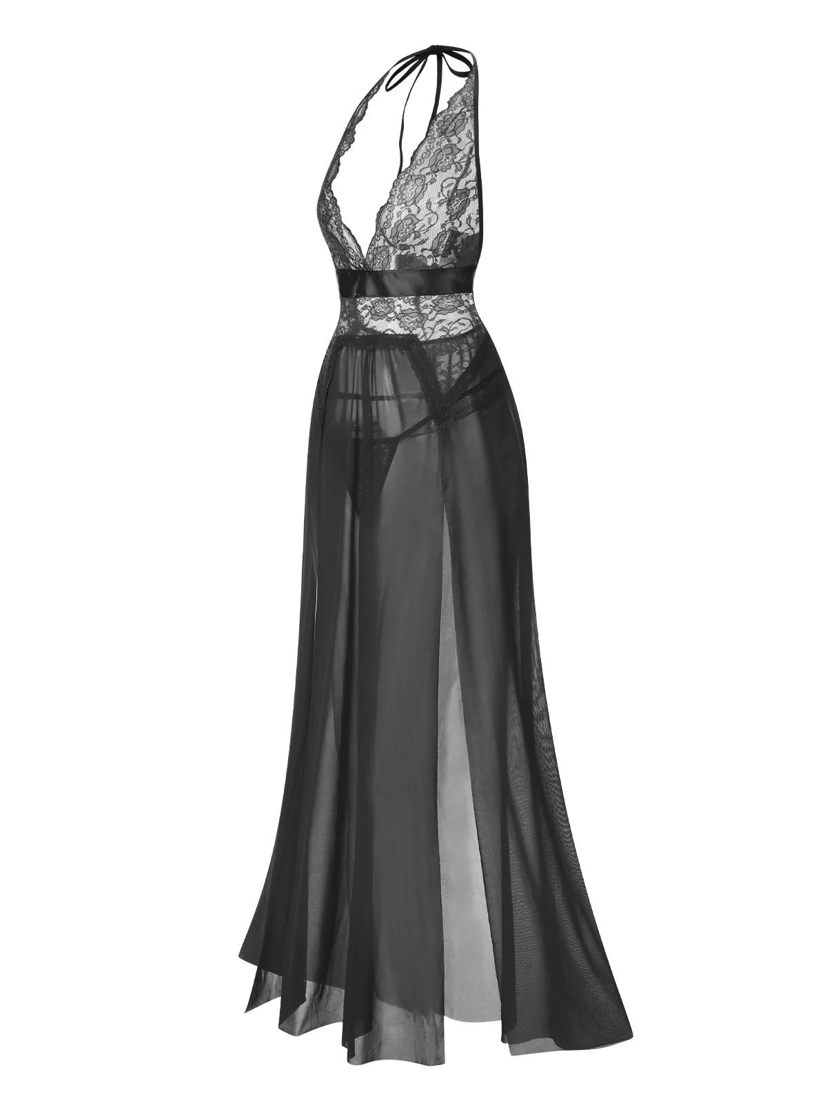 1970s Halter Sheer Lace Slit Long Nightgown - Image 17