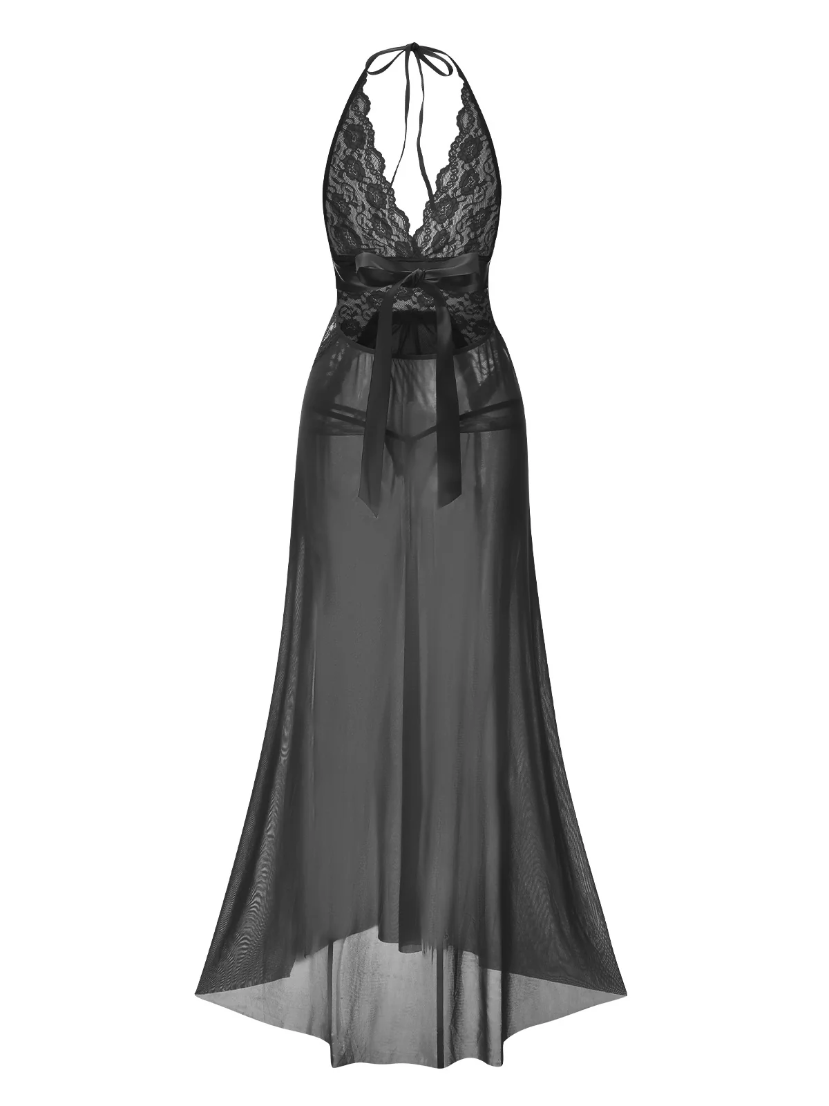 1970s Halter Sheer Lace Slit Long Nightgown - Image 18