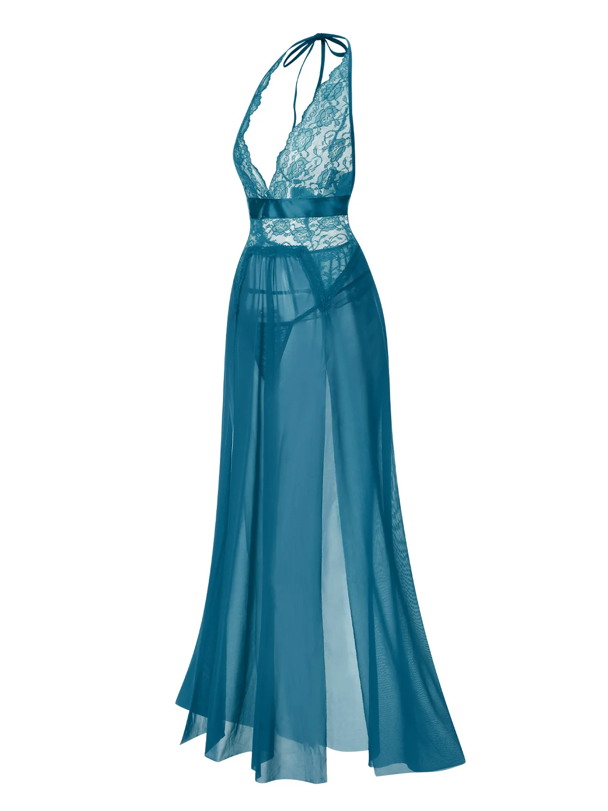 1970s Halter Sheer Lace Slit Long Nightgown - Image 3