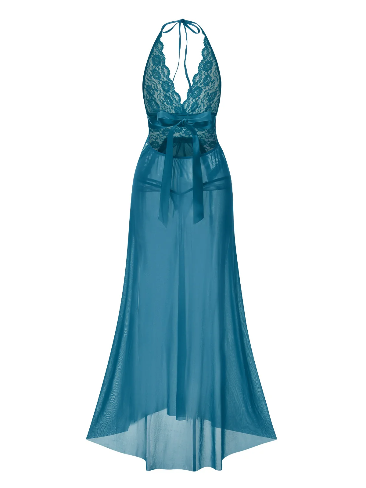 1970s Halter Sheer Lace Slit Long Nightgown - Image 4
