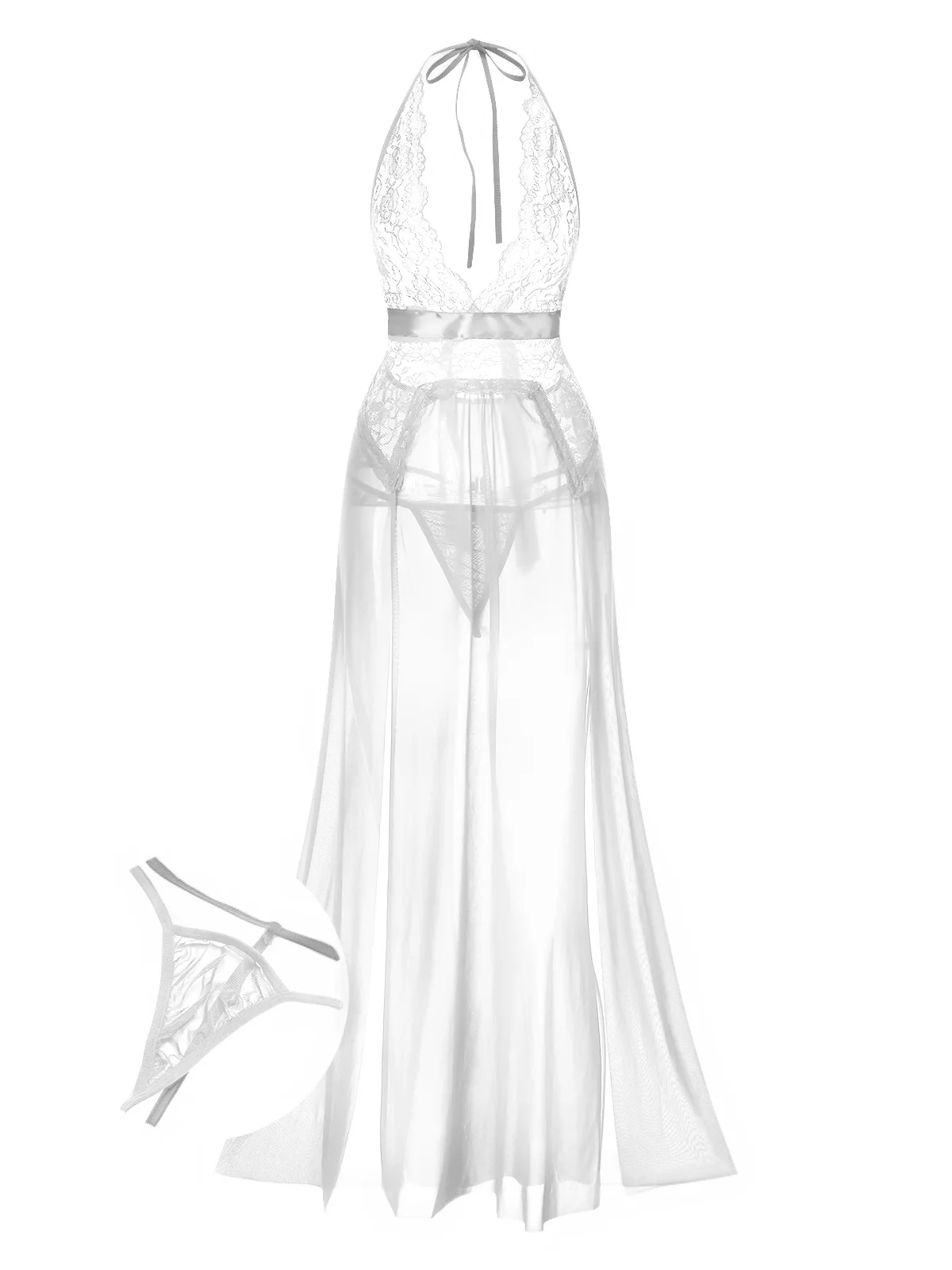 1970s Halter Sheer Lace Slit Long Nightgown - Image 5