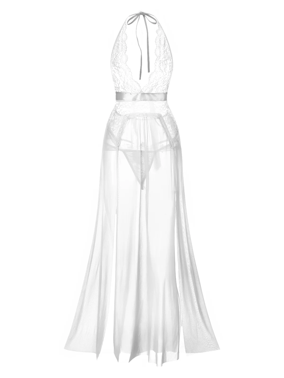 1970s Halter Sheer Lace Slit Long Nightgown - Image 6