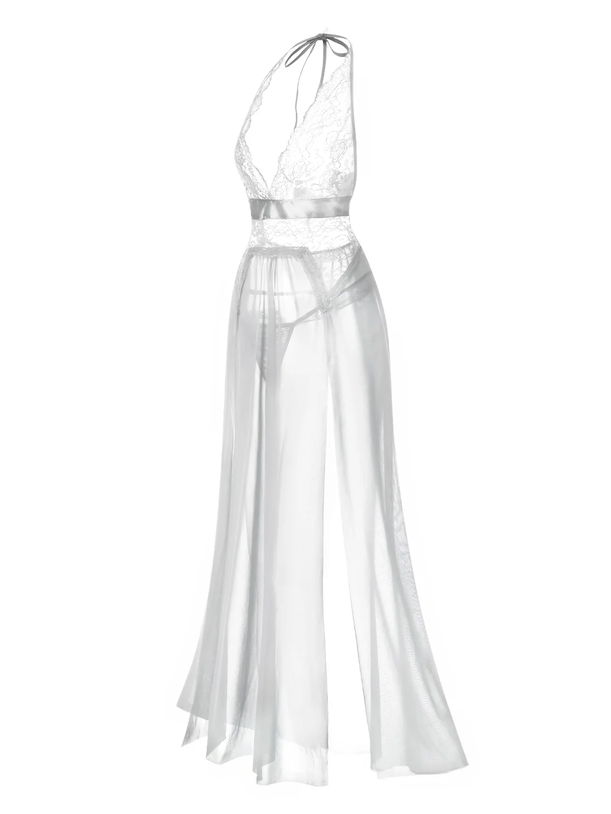 1970s Halter Sheer Lace Slit Long Nightgown - Image 7