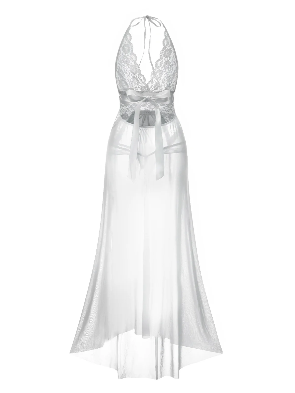 1970s Halter Sheer Lace Slit Long Nightgown - Image 8
