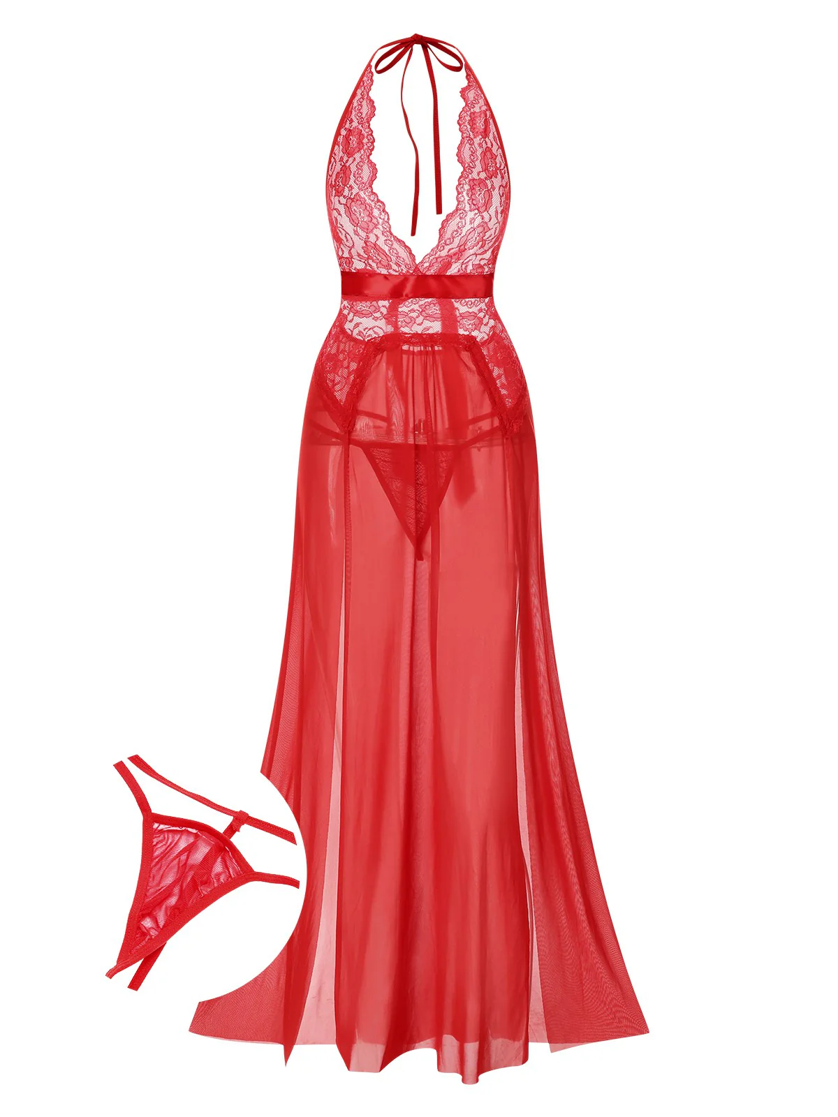 1970s Halter Sheer Lace Slit Long Nightgown - Image 9