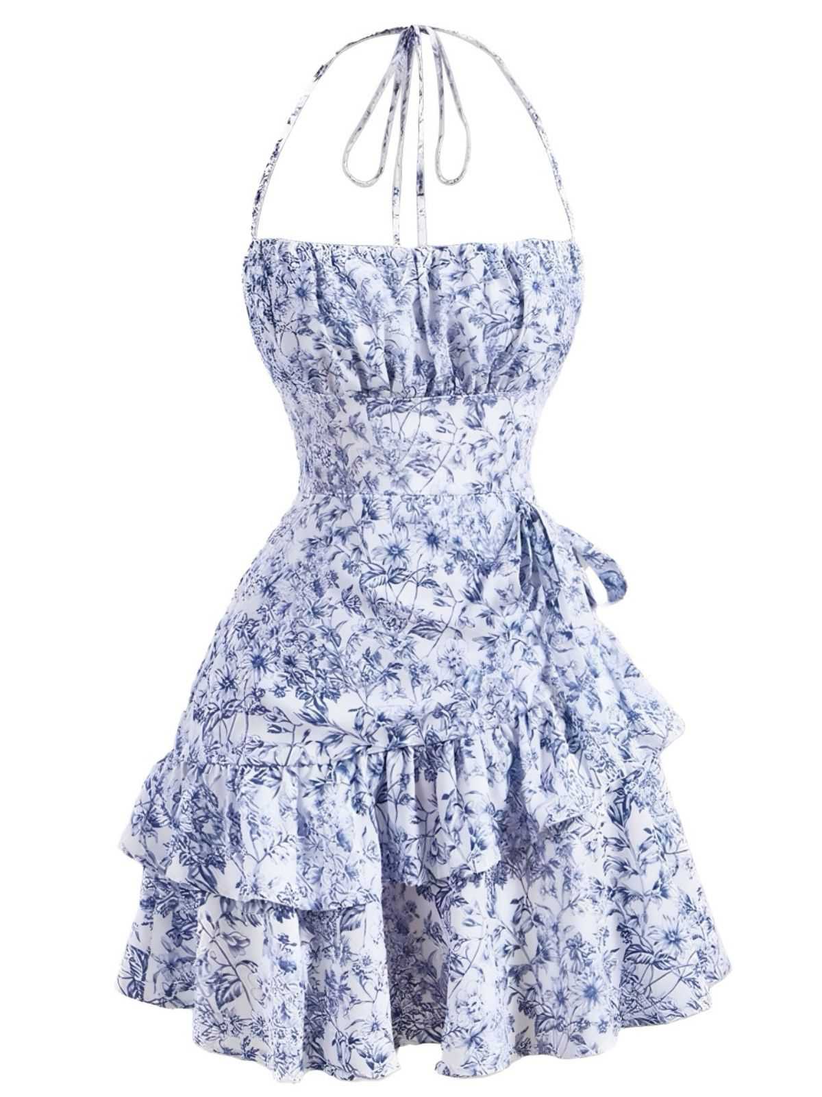 1970s Halter Tiered Ruffle Floral Dress - Image 5