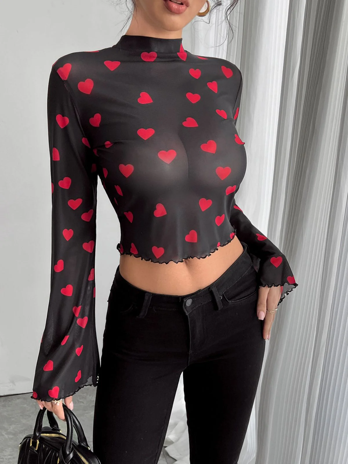 1970s Heart Mesh Flared Sleeve Cropped Top - Image 2