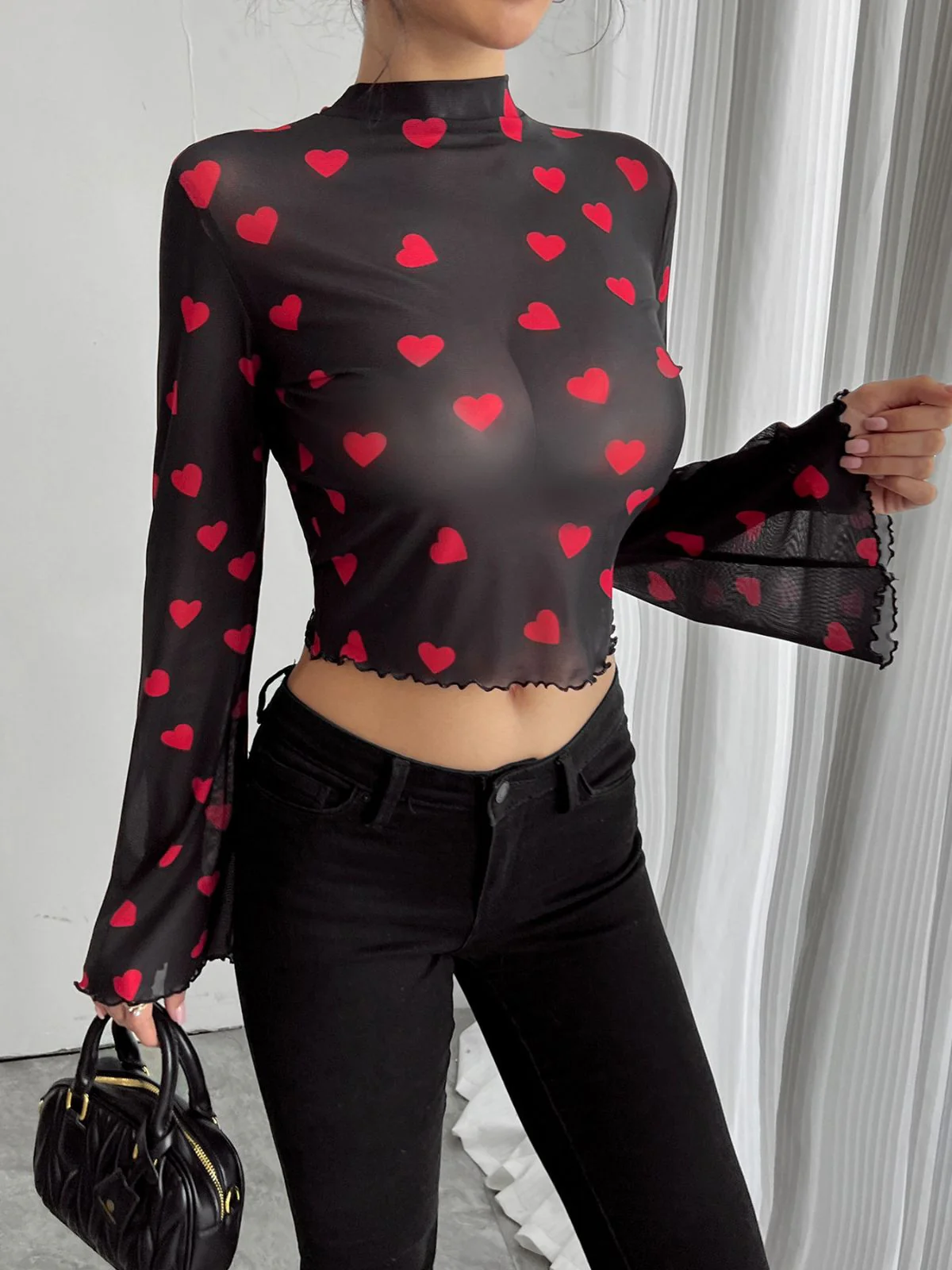 1970s Heart Mesh Flared Sleeve Cropped Top - Image 4