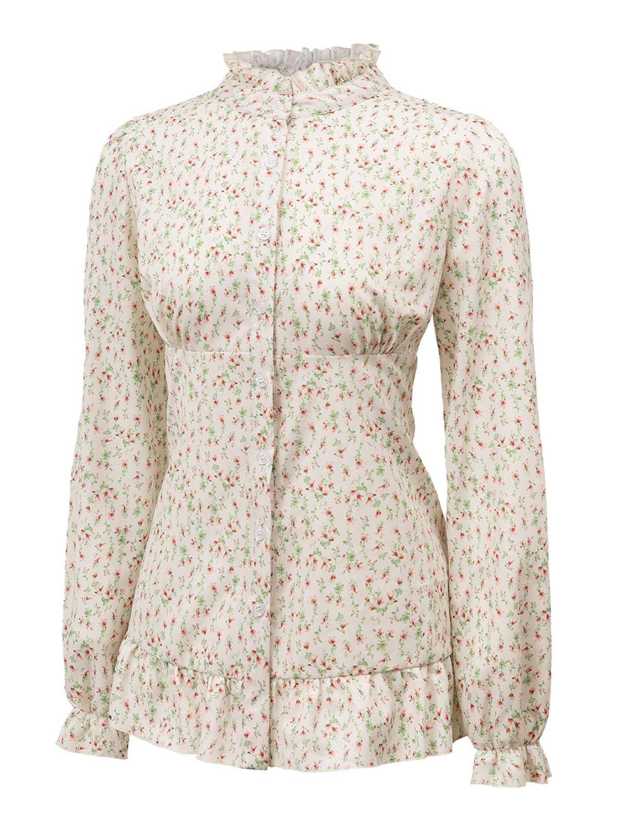 1970s High Neck Ditsy Floral Ruffles Blouse - Image 2