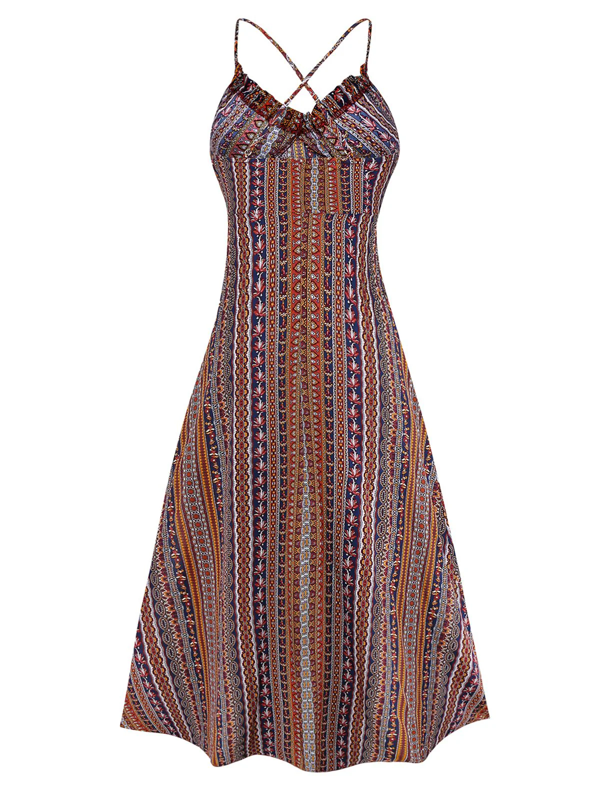 1970s Irregular Print Backless Boho Dress - Image 2