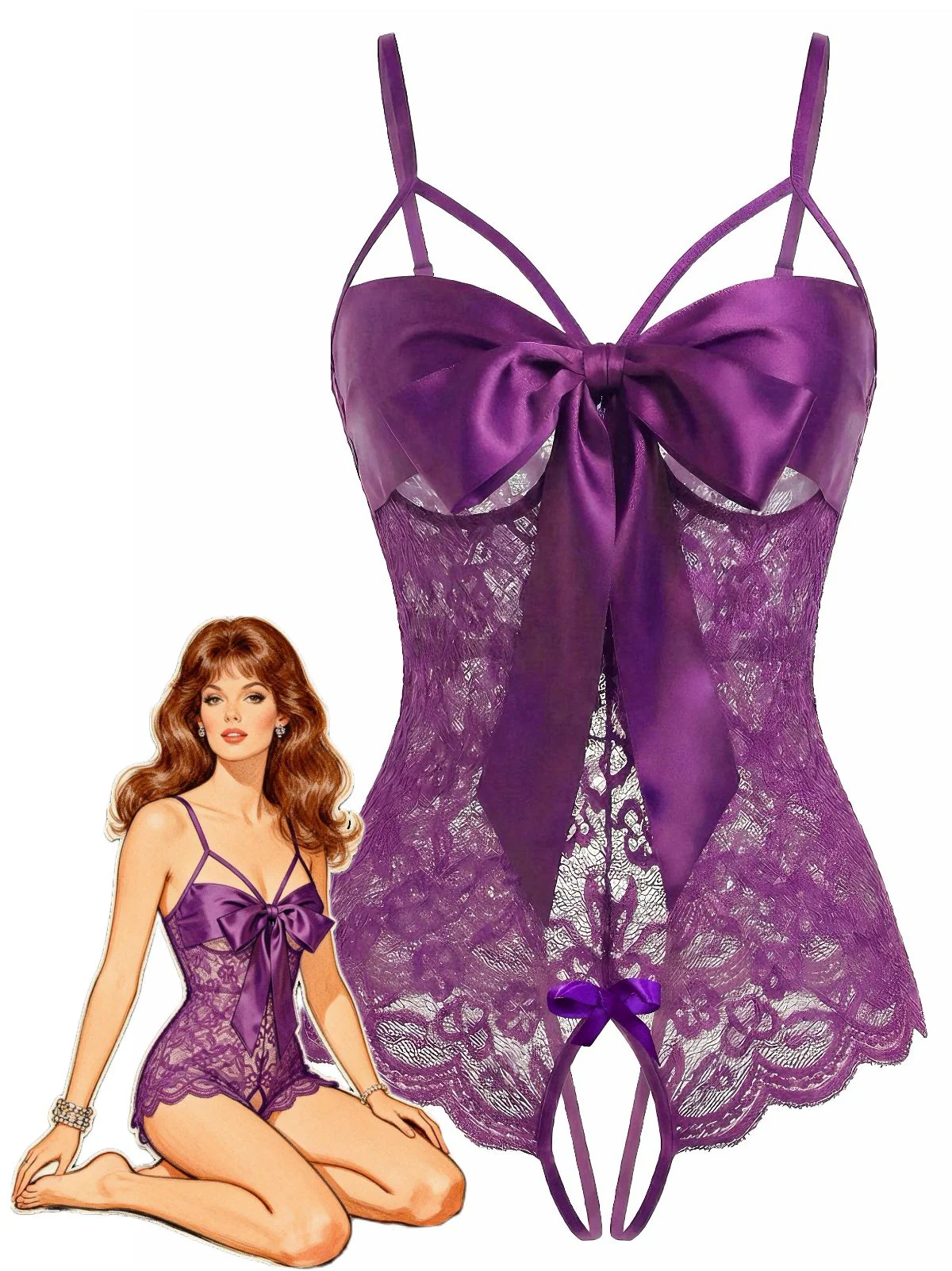 1970s Lace Satin Bow Adjustable Straps Lingerie