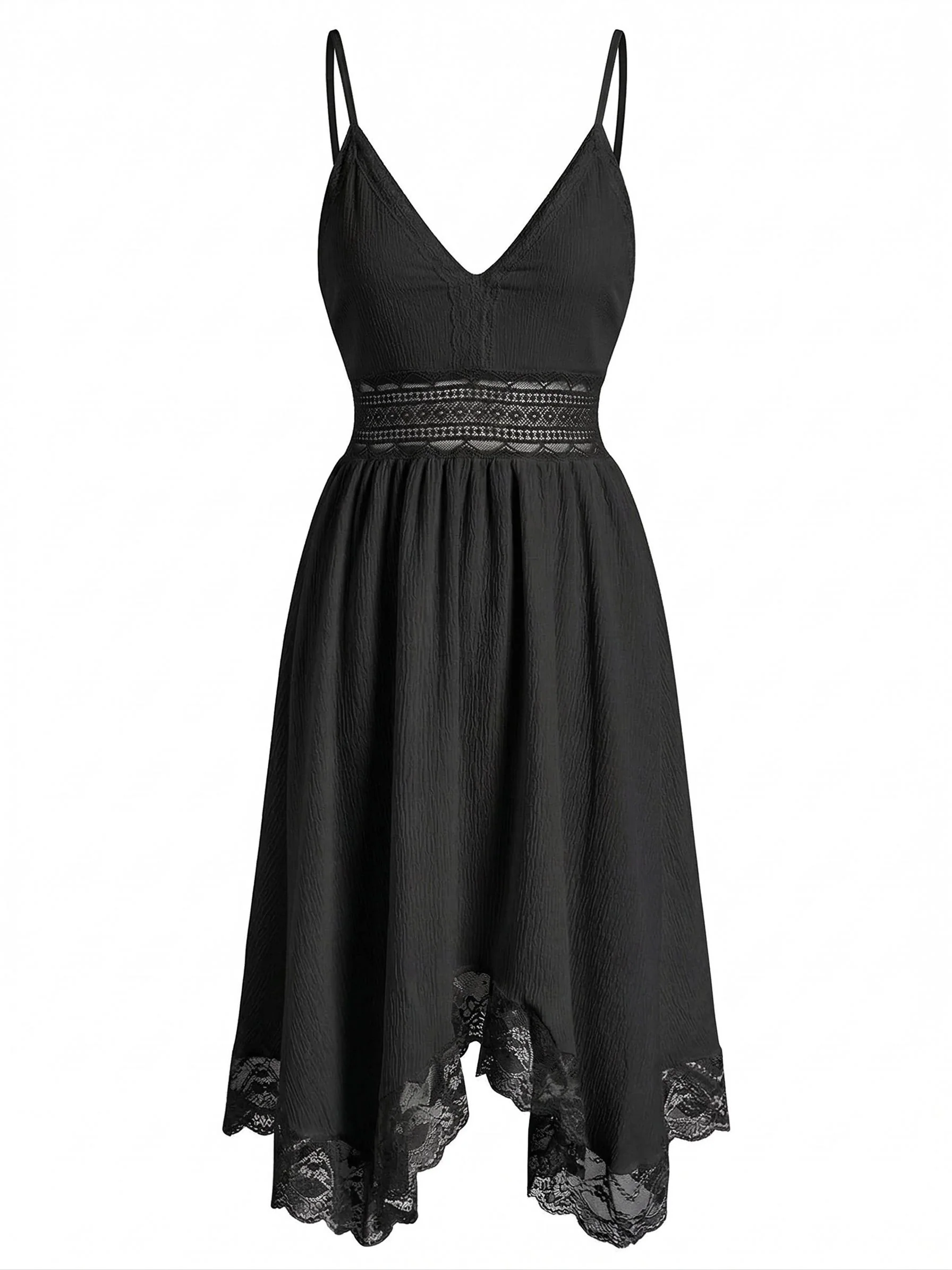 1970s Lace Textured V Neck Spaghetti Strap Dress - Image 4