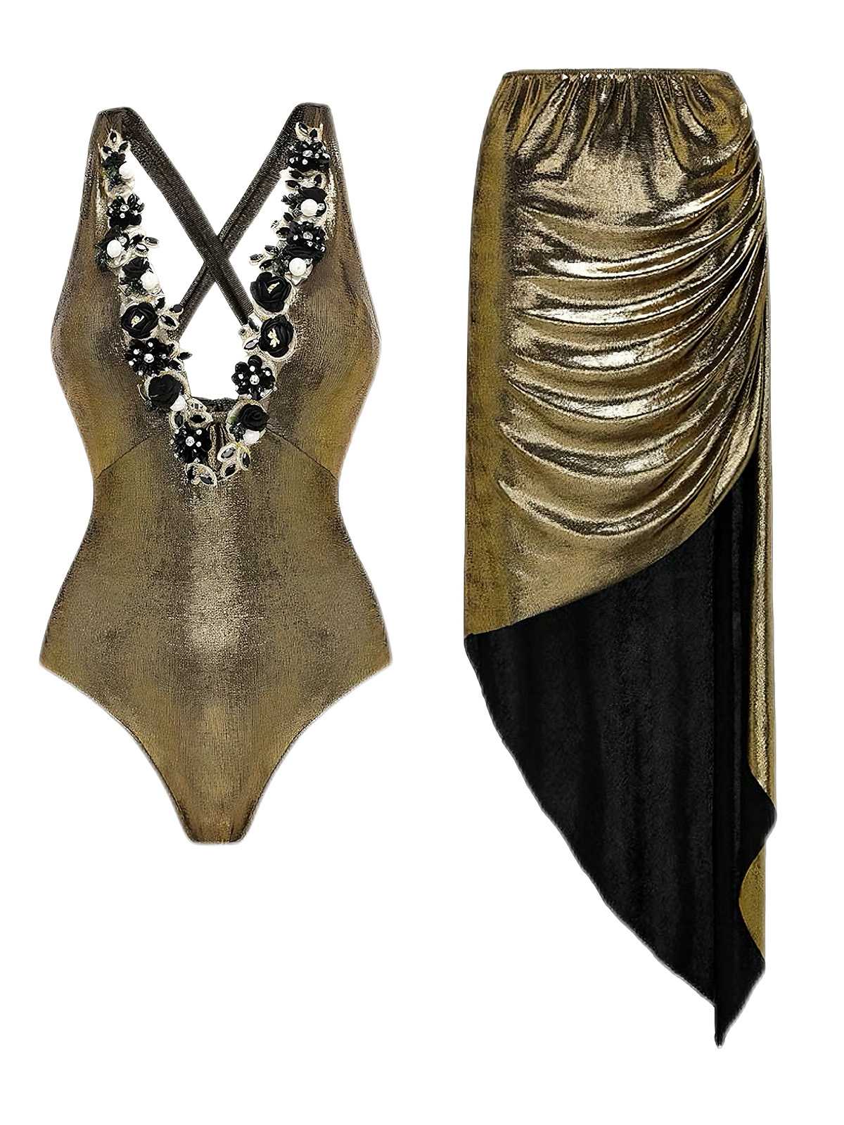 1970s Metallic Deep V-Neck 3D Floral Swimsuit & Cover-Up - Image 2