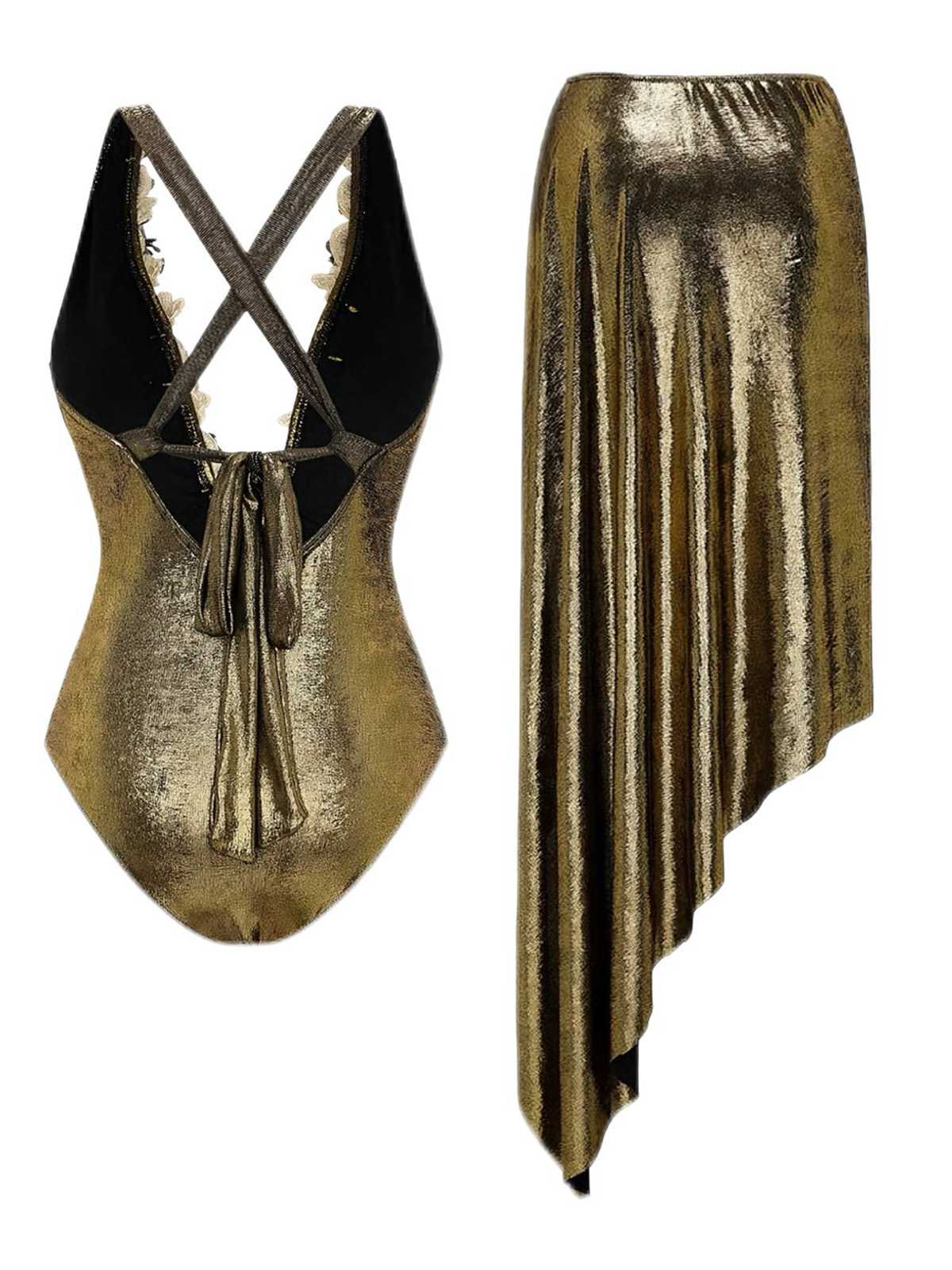 1970s Metallic Deep V-Neck 3D Floral Swimsuit & Cover-Up - Image 3