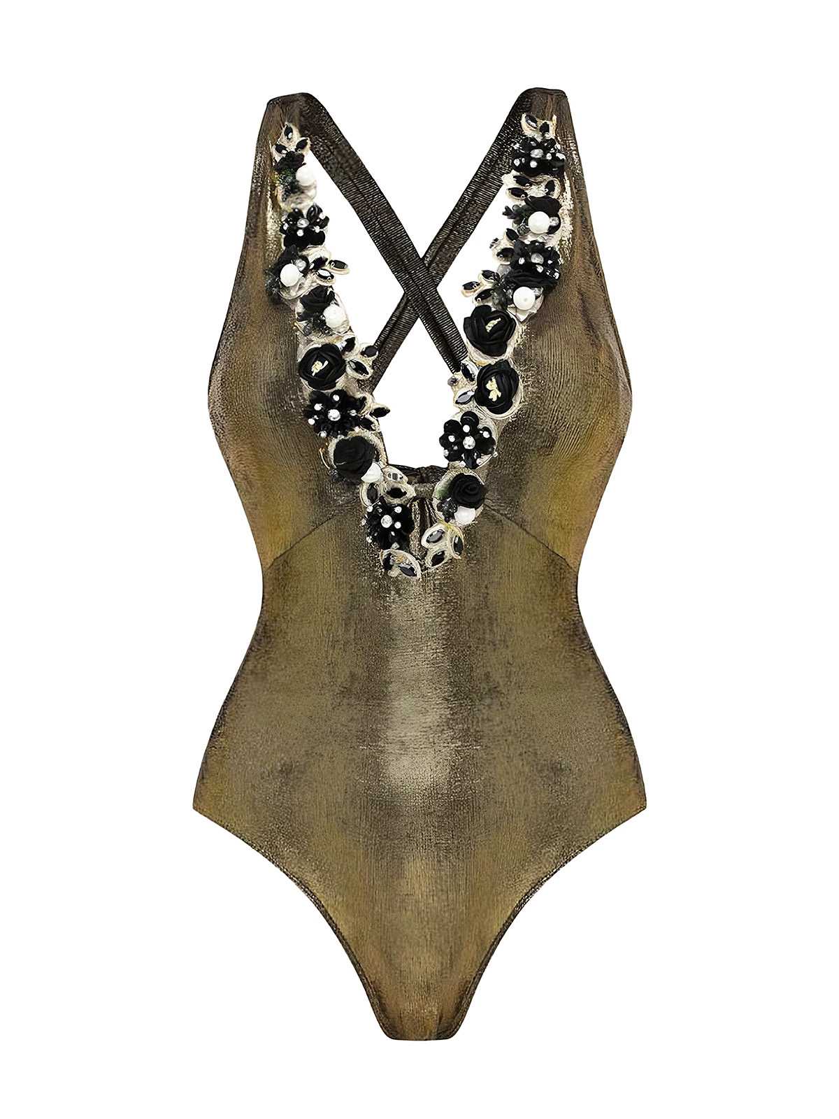 1970s Metallic Deep V-Neck 3D Floral Swimsuit & Cover-Up - Image 4