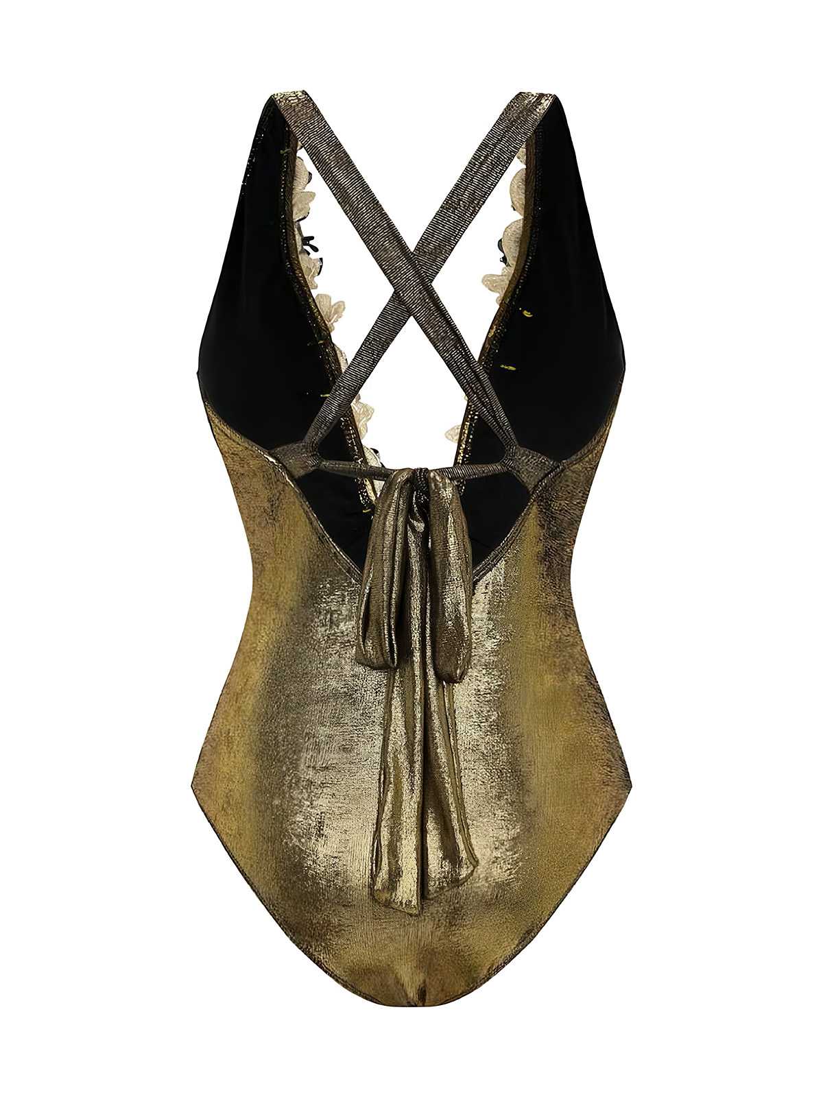 1970s Metallic Deep V-Neck 3D Floral Swimsuit & Cover-Up - Image 5