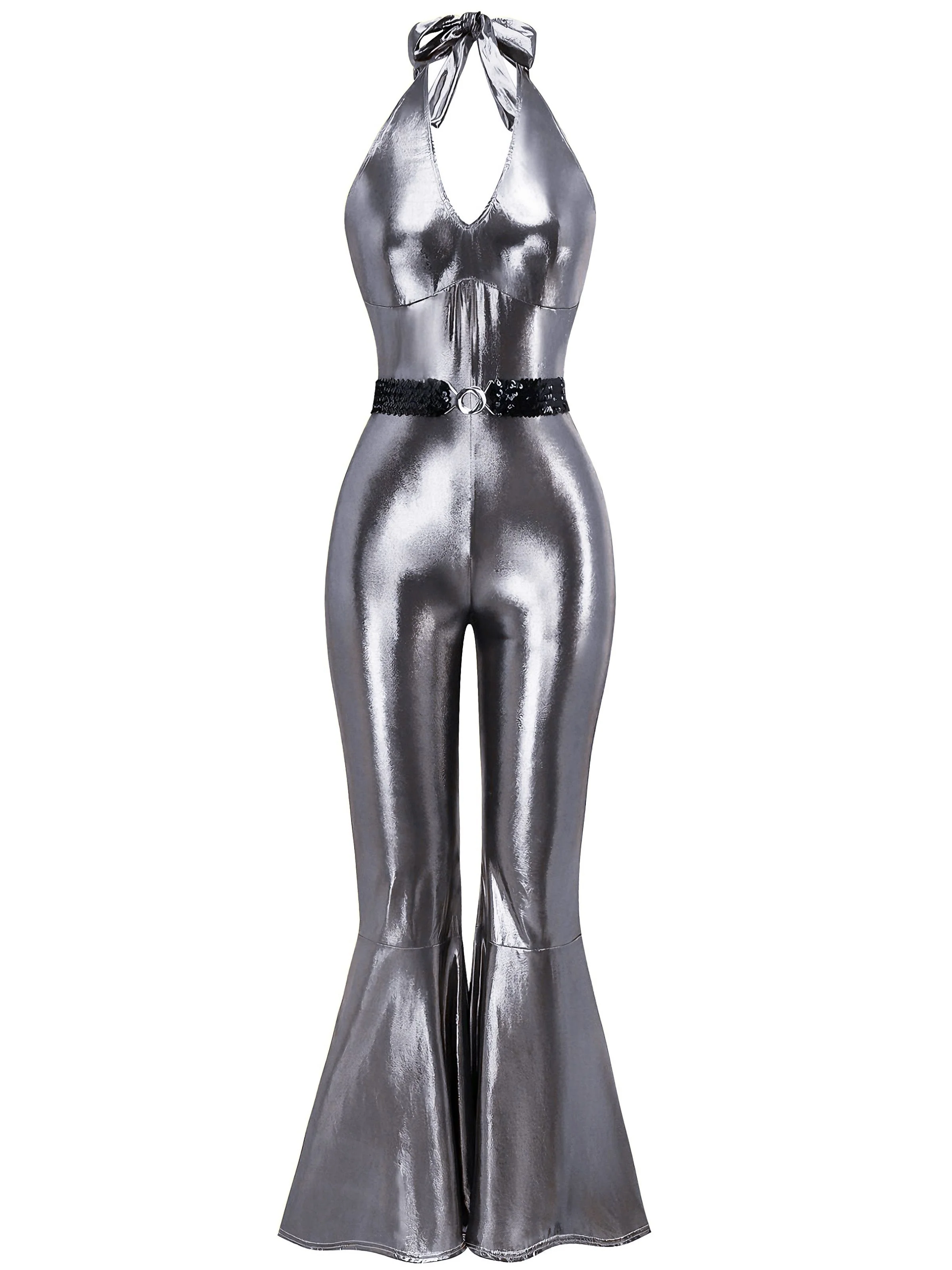1970s Metallic Disco Halter Belted Jumpsuit - Image 2