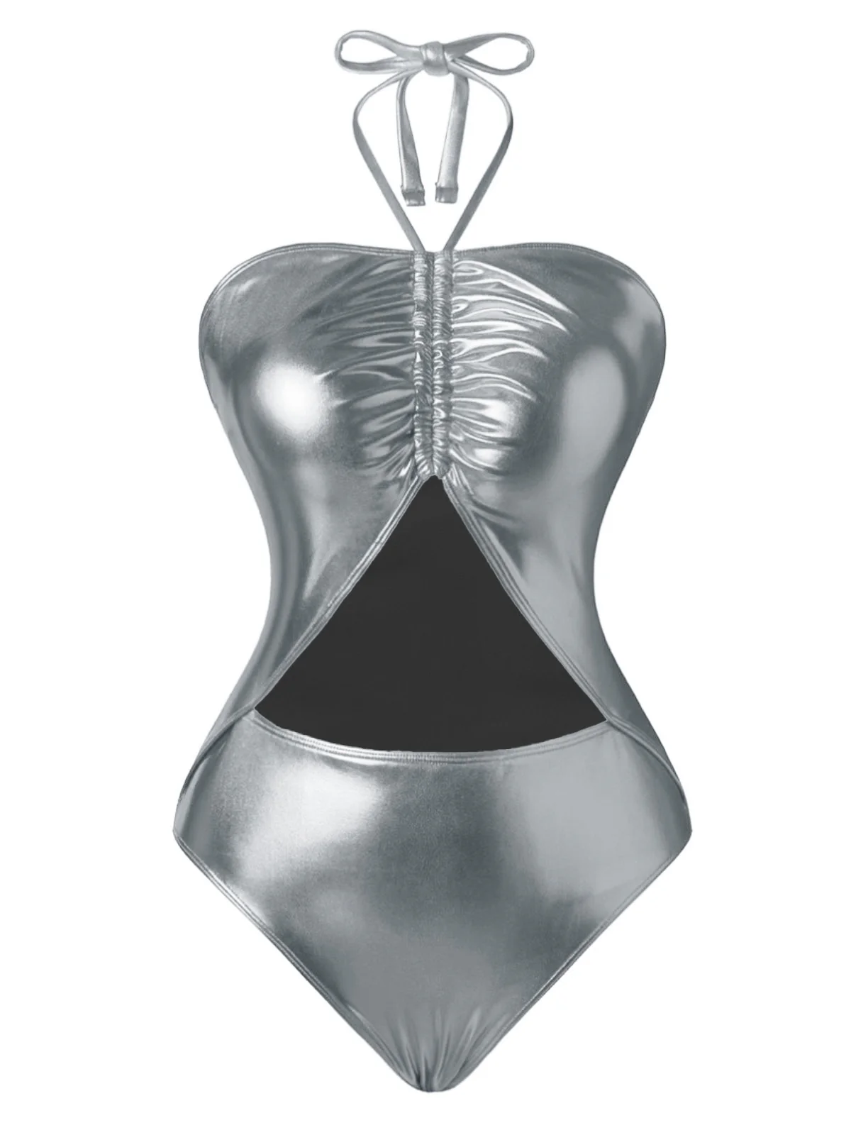 1970s Metallic Halter Neck Cutout One-Piece Swimsuit - Image 4