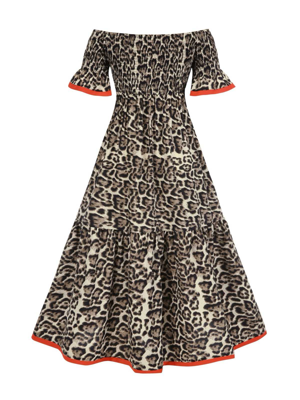 1970s Off-Shoulder Flare Sleeve Leopard Dress - Image 2