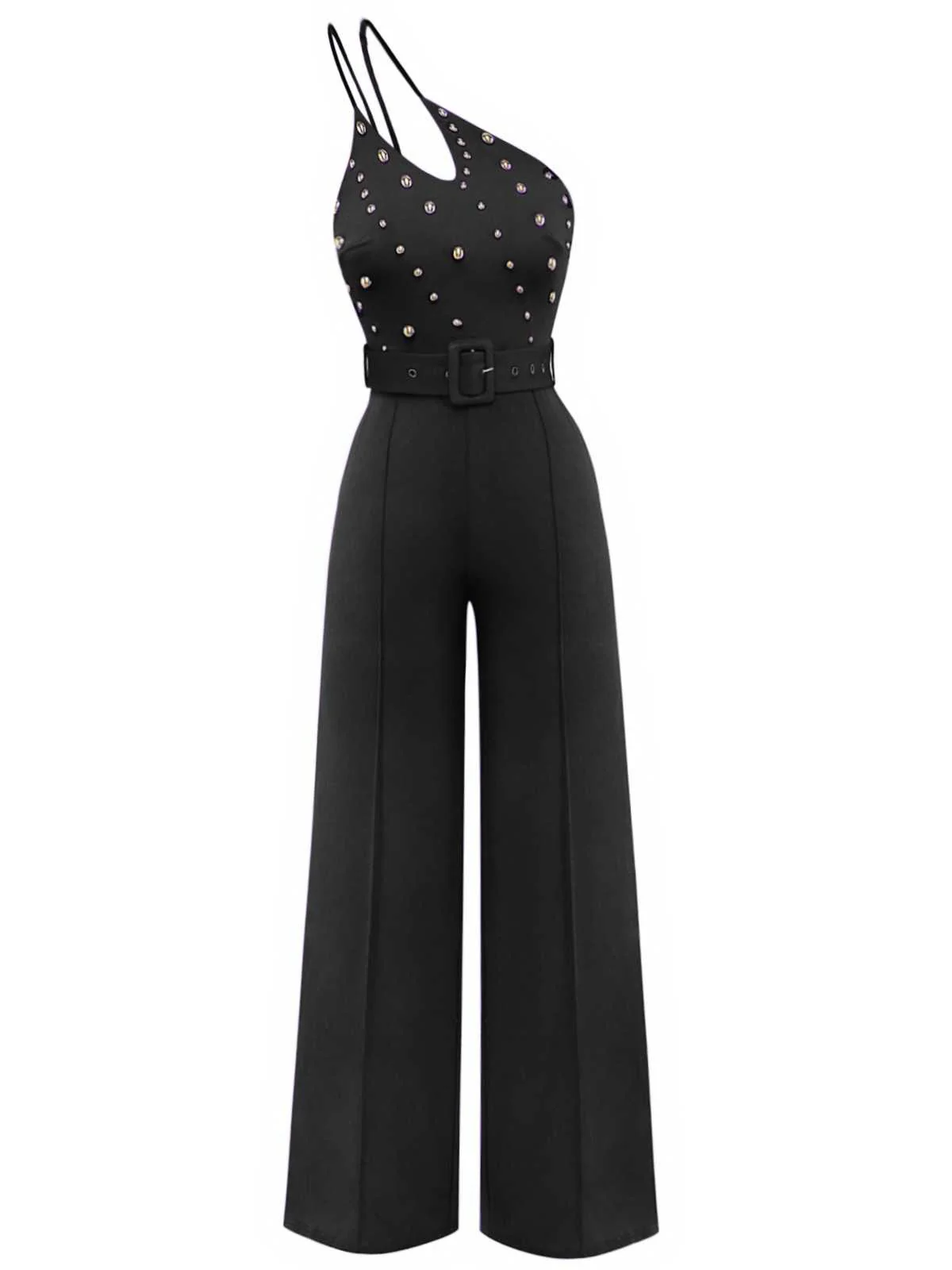 1970s One-Shoulder Studded Belted Jumpsuit - Image 6