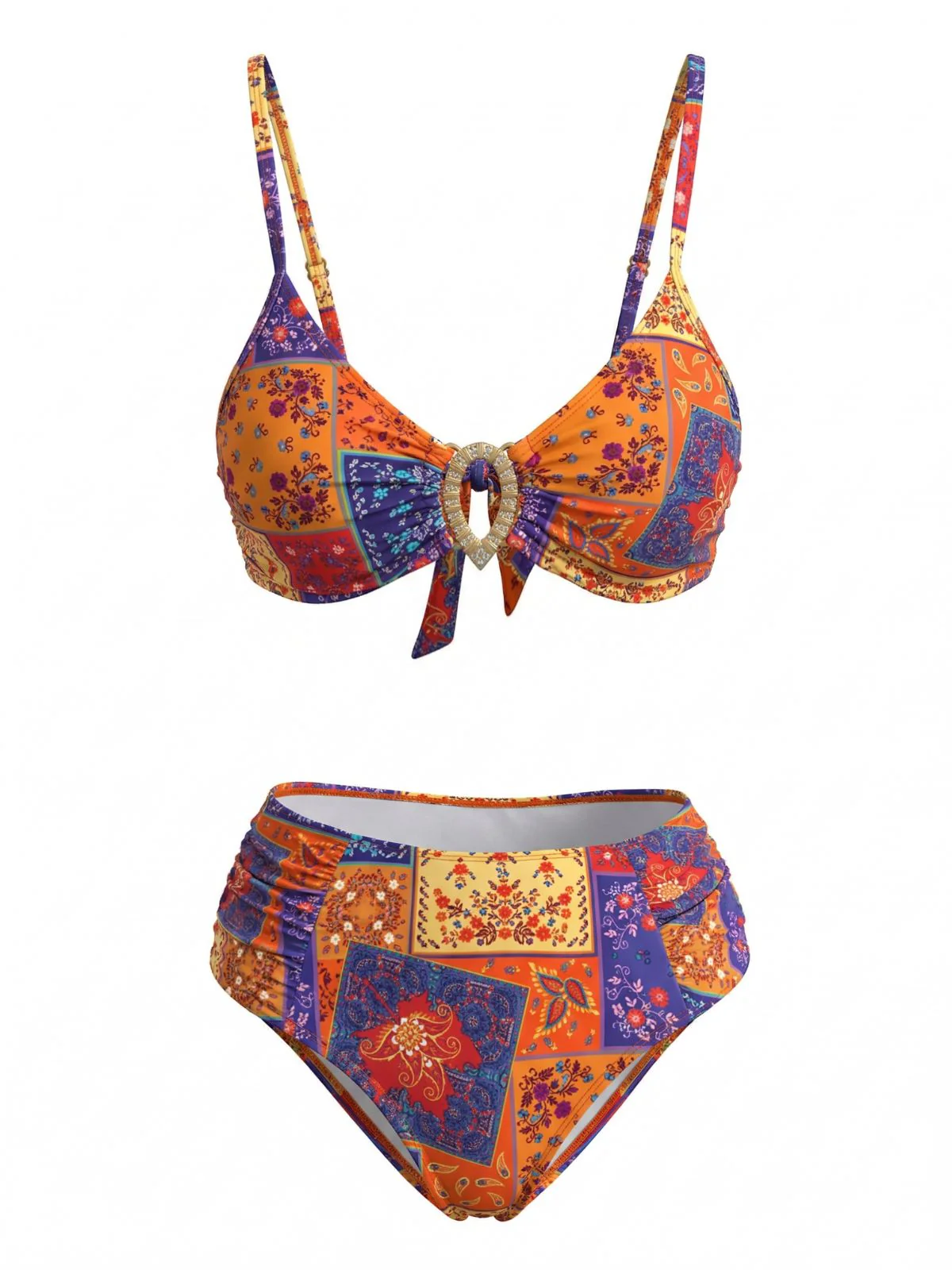 1970s Paisley Floral Bikini Set With Crystal Horseshoe Ring - Image 2