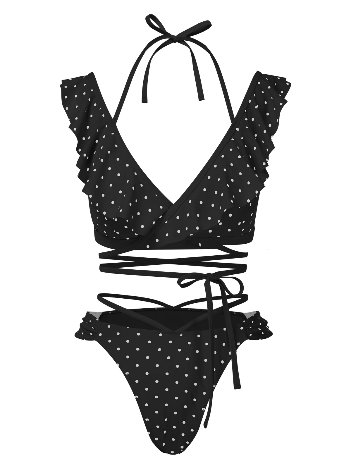 1970s Polka Dot Lace-Up Ruffled Bikini Set - Image 3