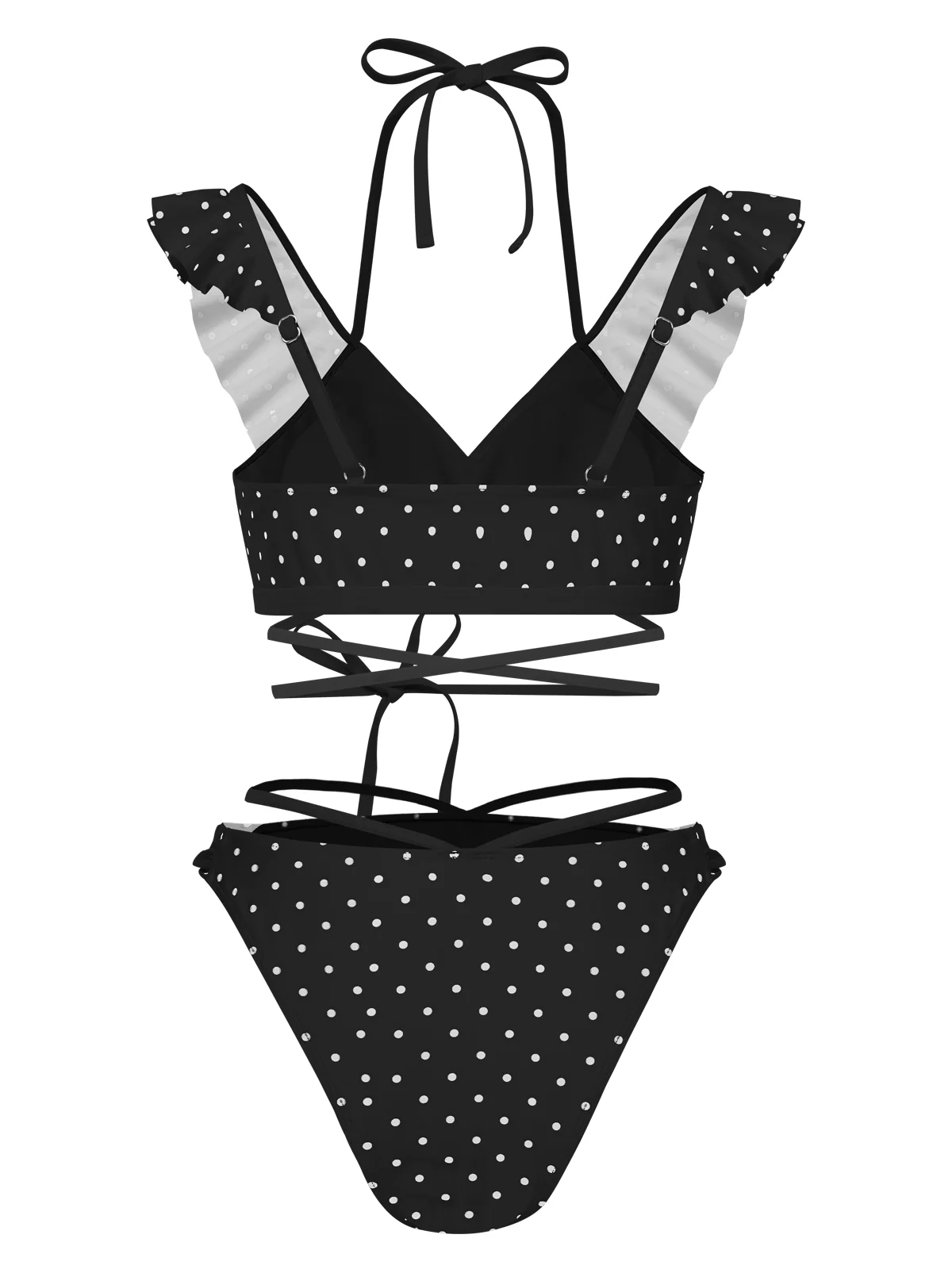 1970s Polka Dot Lace-Up Ruffled Bikini Set - Image 4