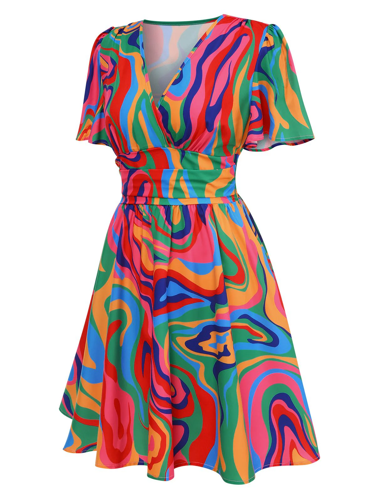 1970s Psychedelic Print V-Neck Dress - Image 2