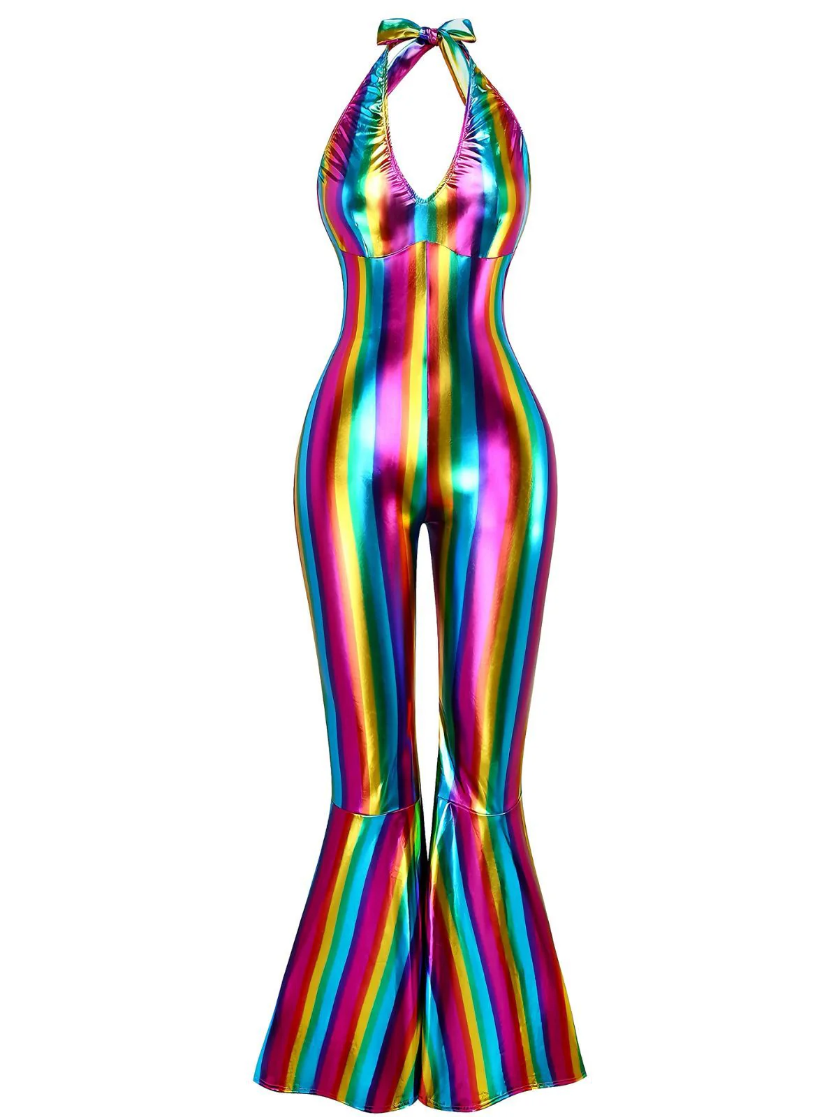 1970s Rainbow Colorblock Disco Halter Jumpsuit - Image 6