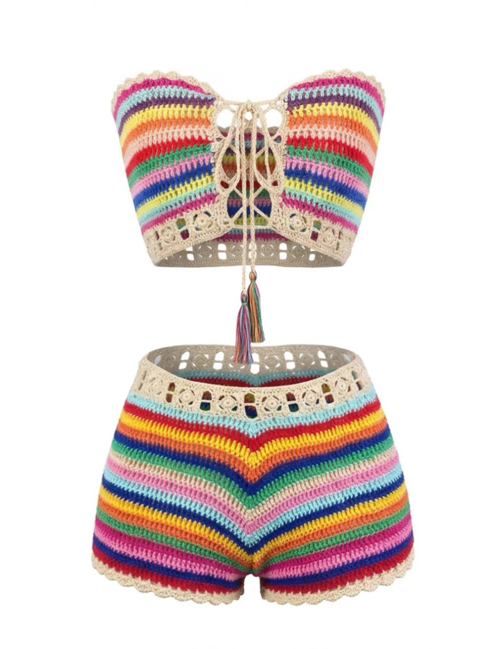 1970s Rainbow Striped Crochet Bandeau Bikini Set - Image 2