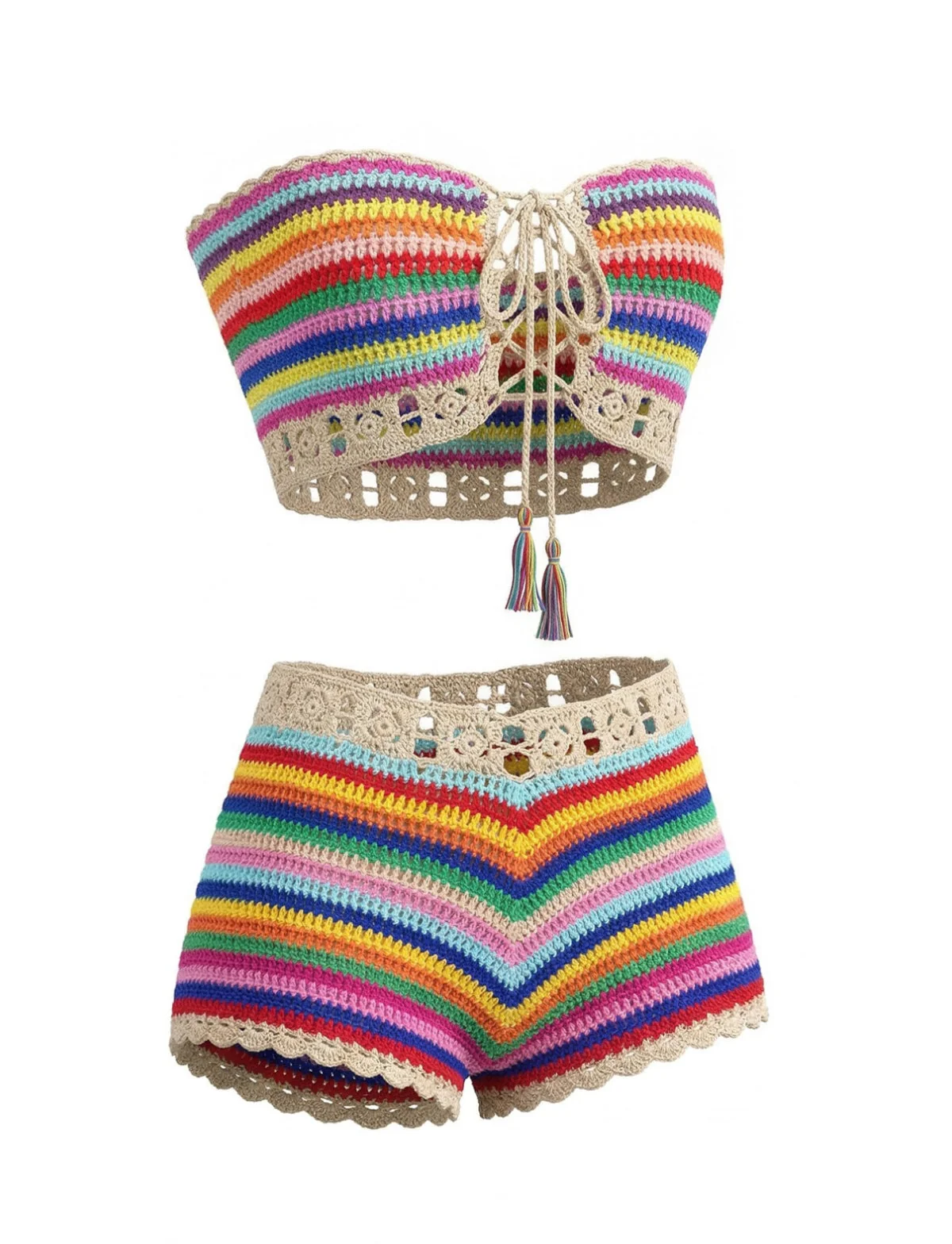 1970s Rainbow Striped Crochet Bandeau Bikini Set - Image 3