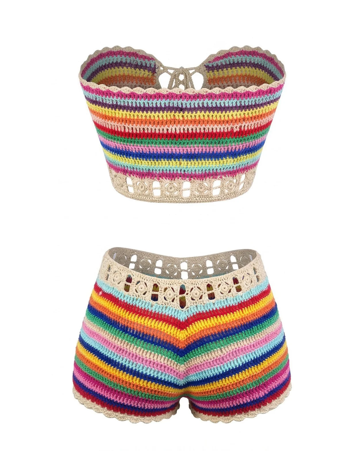 1970s Rainbow Striped Crochet Bandeau Bikini Set - Image 4