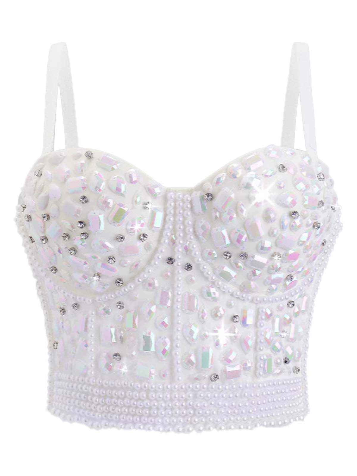 1970s Rhinestone Pearl Spaghetti Strap Corset Top - Image 3
