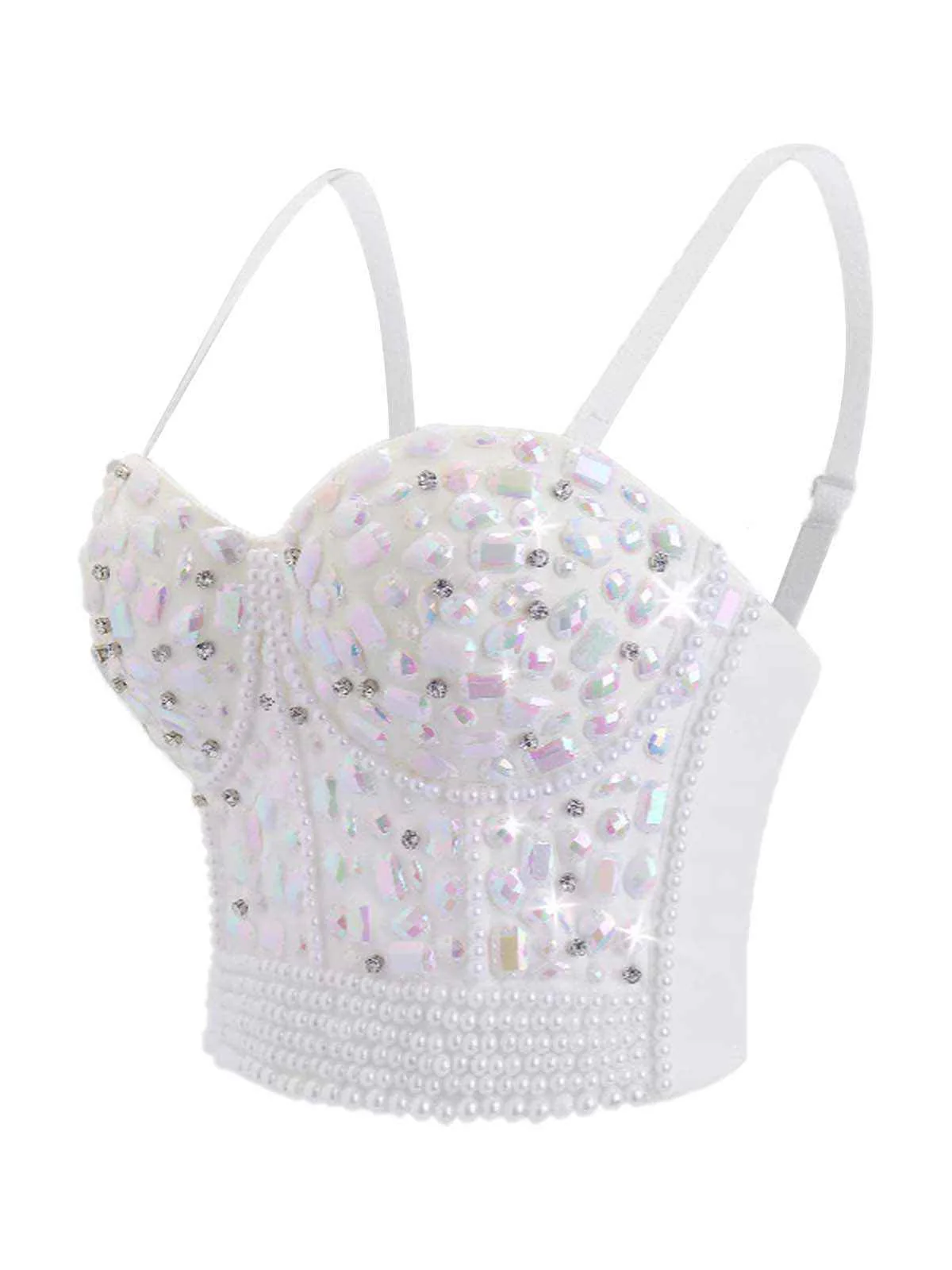 1970s Rhinestone Pearl Spaghetti Strap Corset Top - Image 4