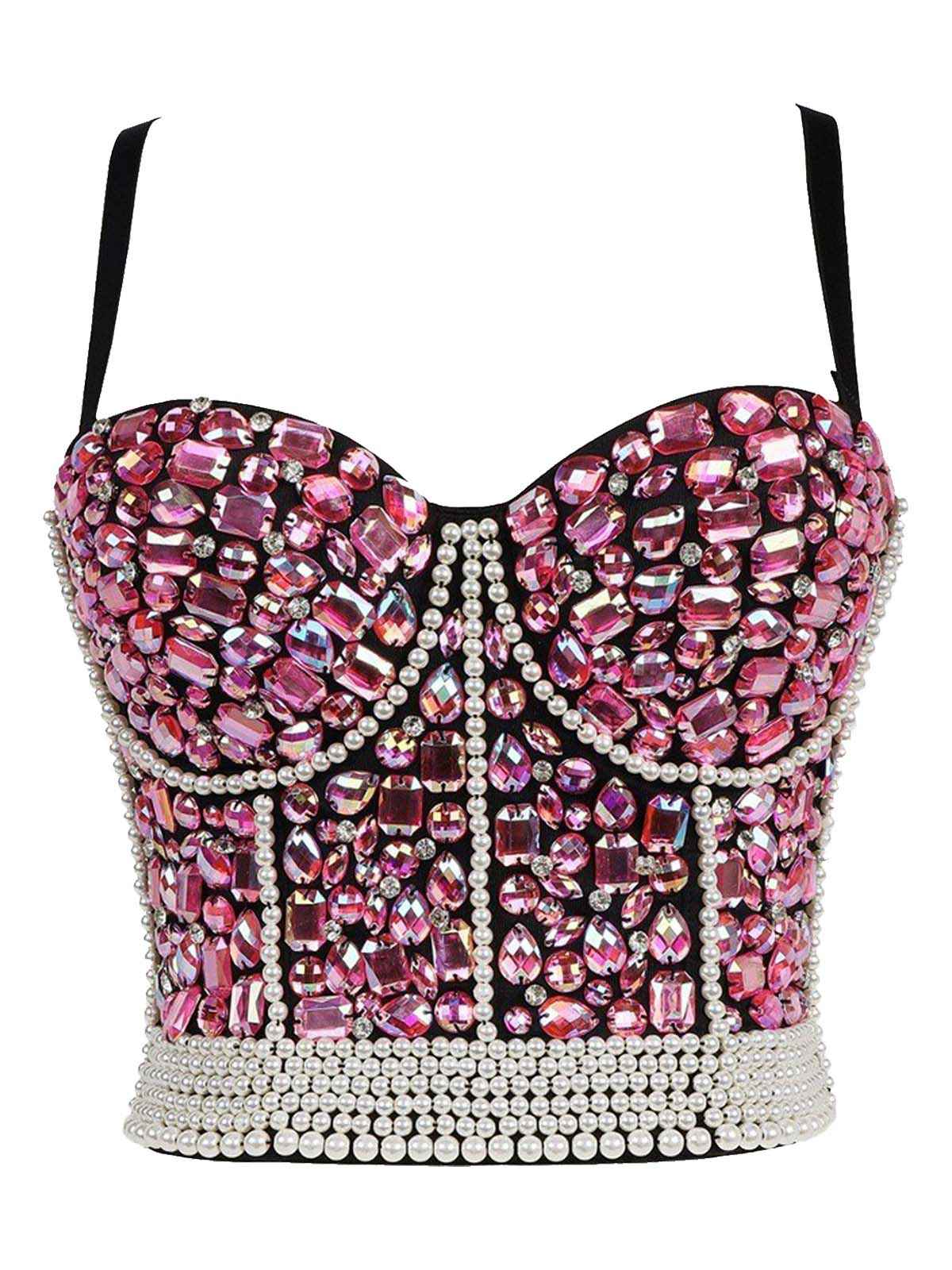 1970s Rhinestone Pearl Spaghetti Strap Corset Top - Image 5