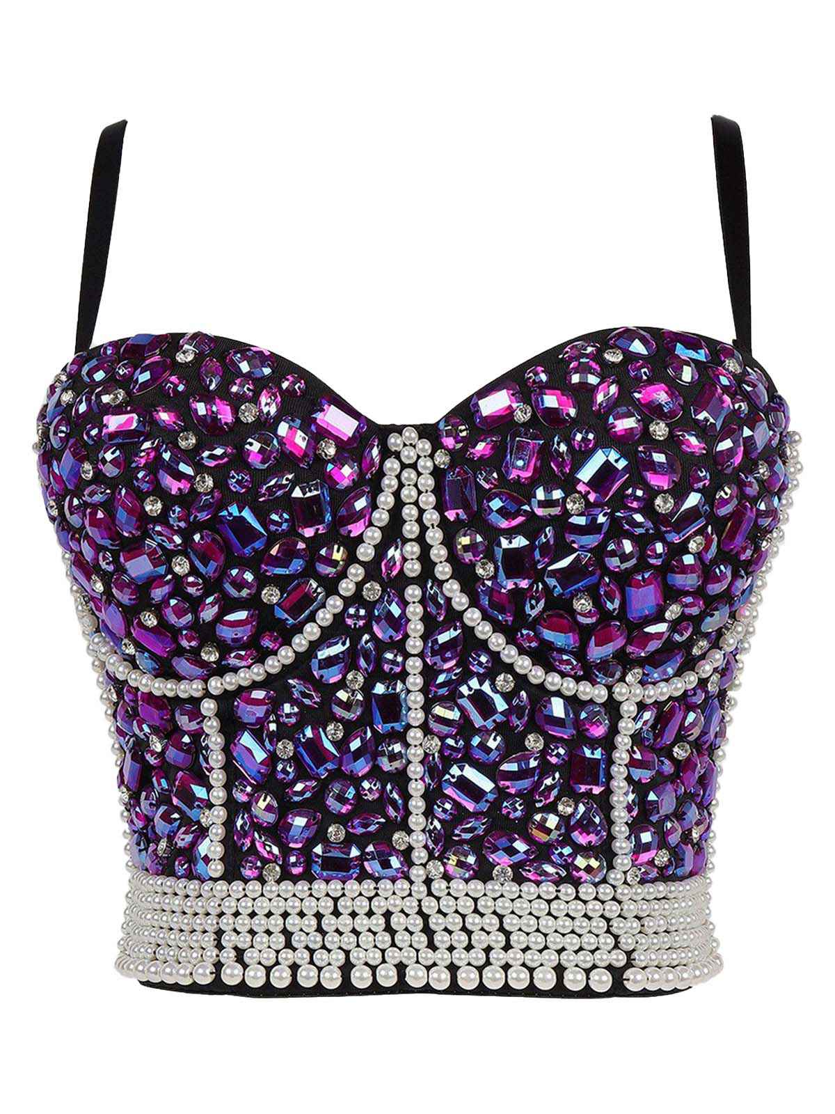 1970s Rhinestone Pearl Spaghetti Strap Corset Top - Image 8