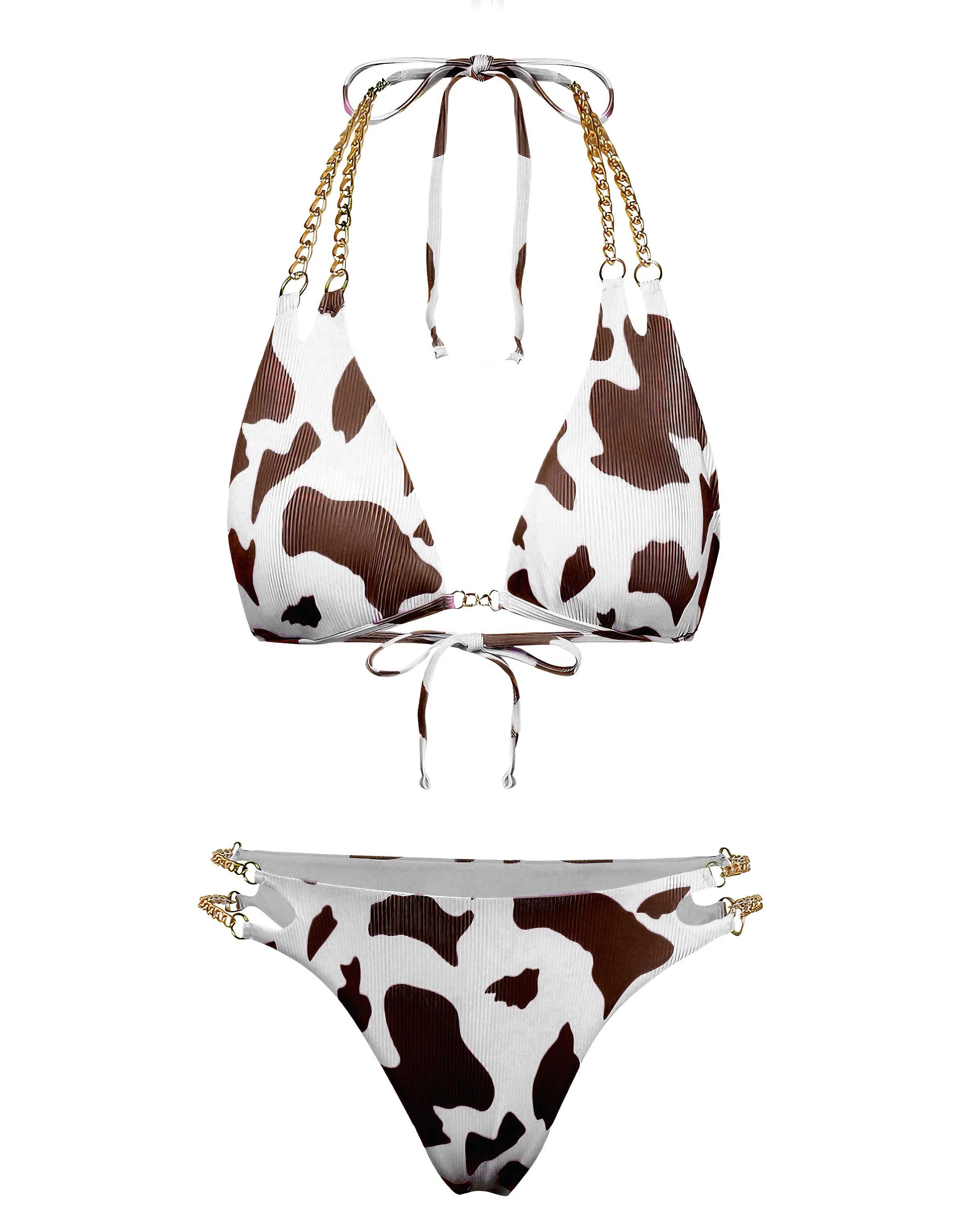 1970s Ribbed Cow Print Chain Halter Bikini Set - Image 10