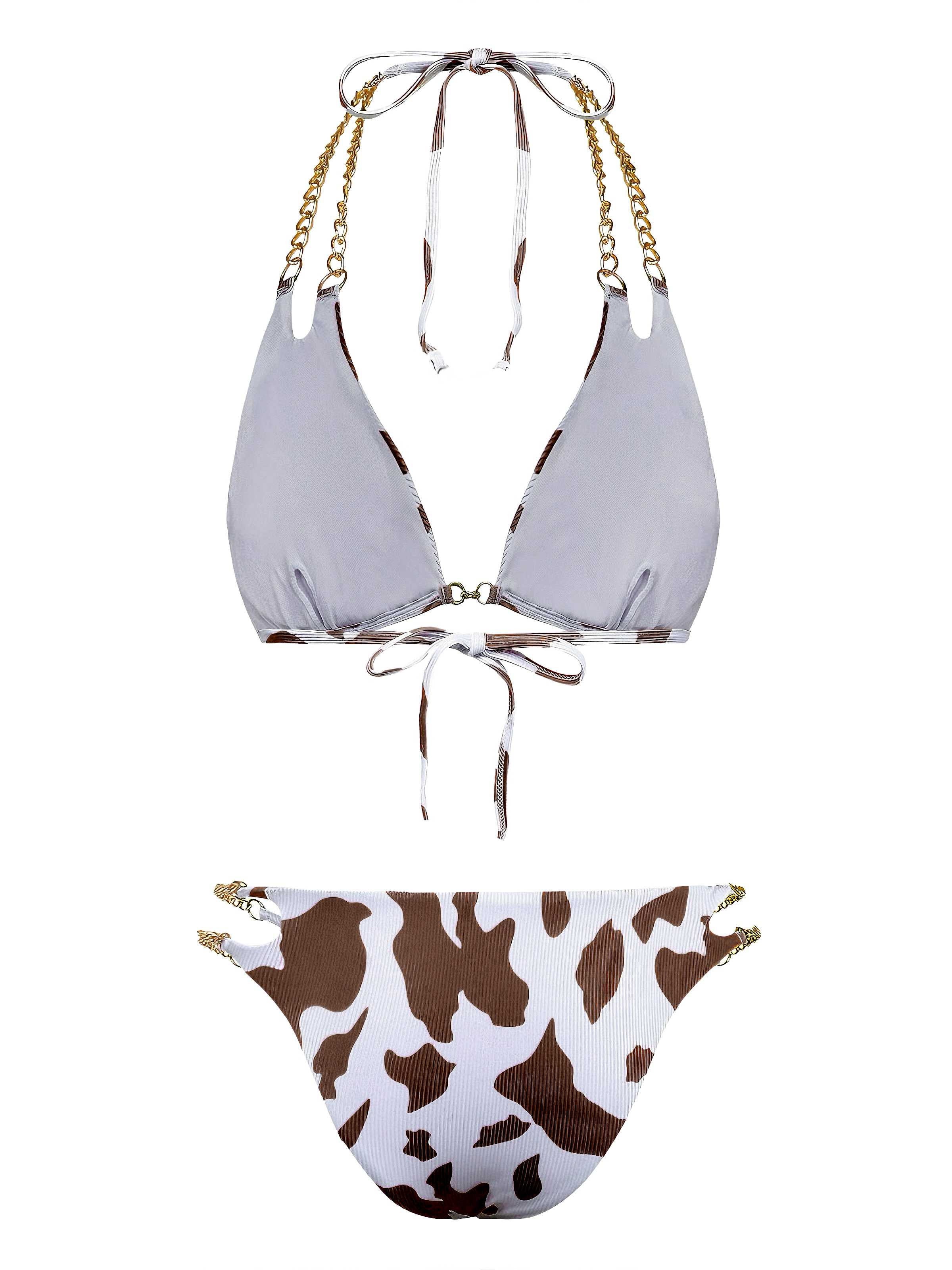 1970s Ribbed Cow Print Chain Halter Bikini Set - Image 11
