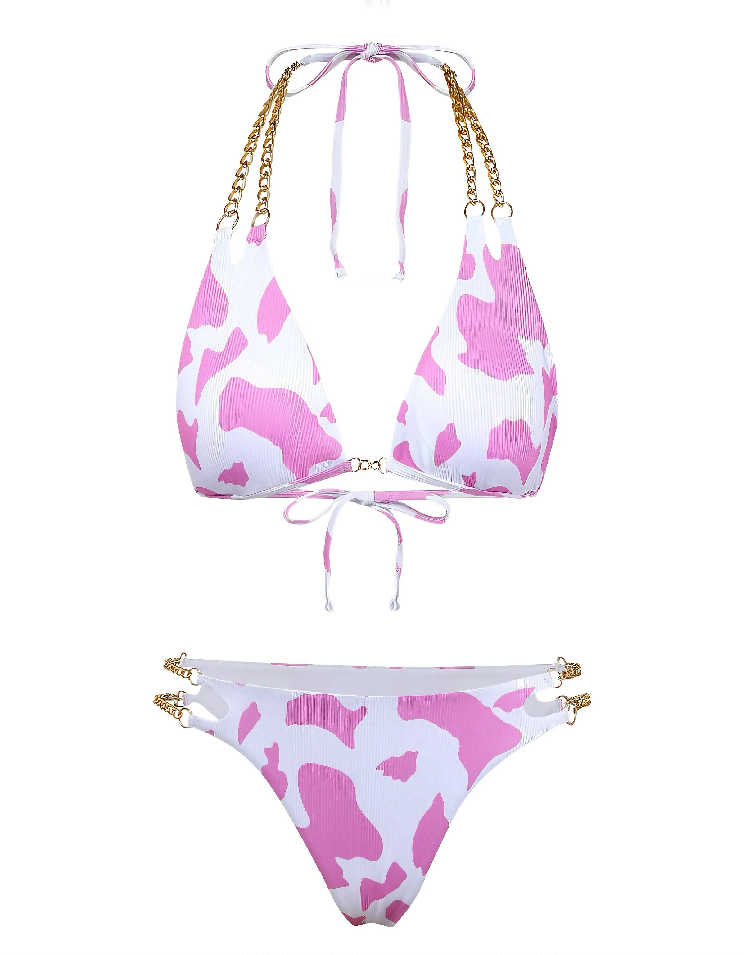 1970s Ribbed Cow Print Chain Halter Bikini Set - Image 2