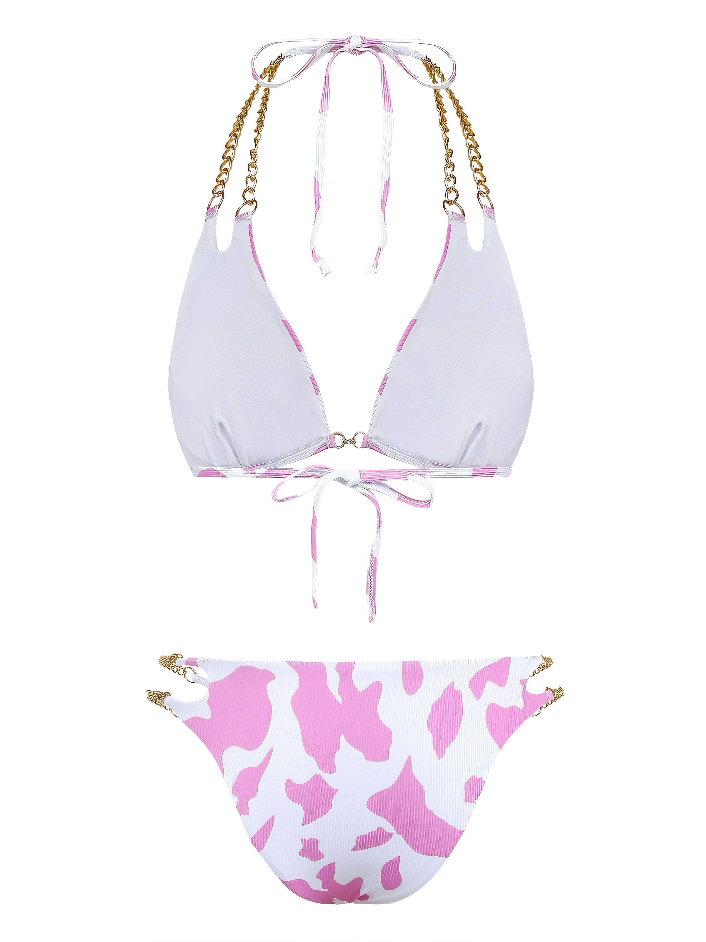 1970s Ribbed Cow Print Chain Halter Bikini Set - Image 3