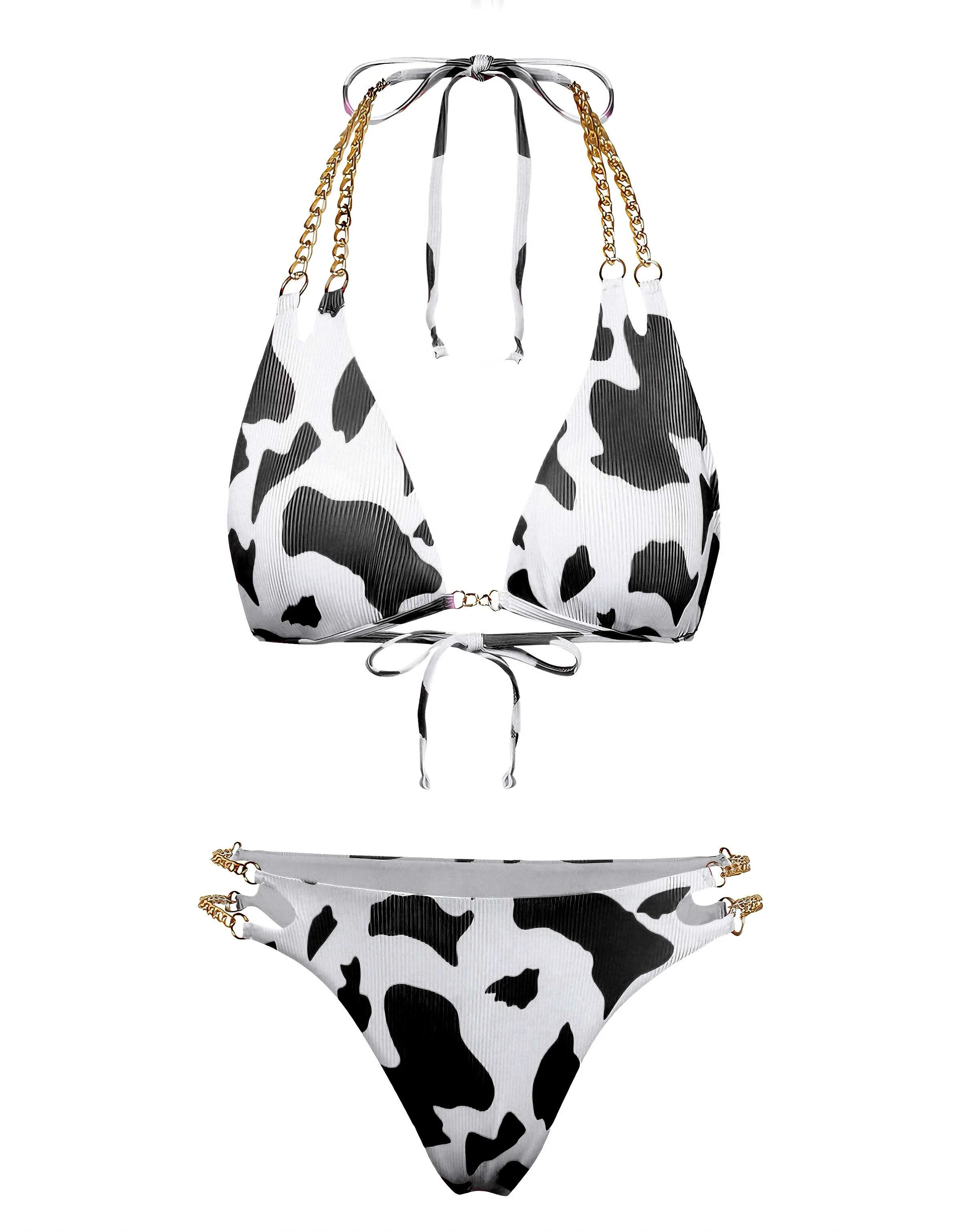 1970s Ribbed Cow Print Chain Halter Bikini Set - Image 8
