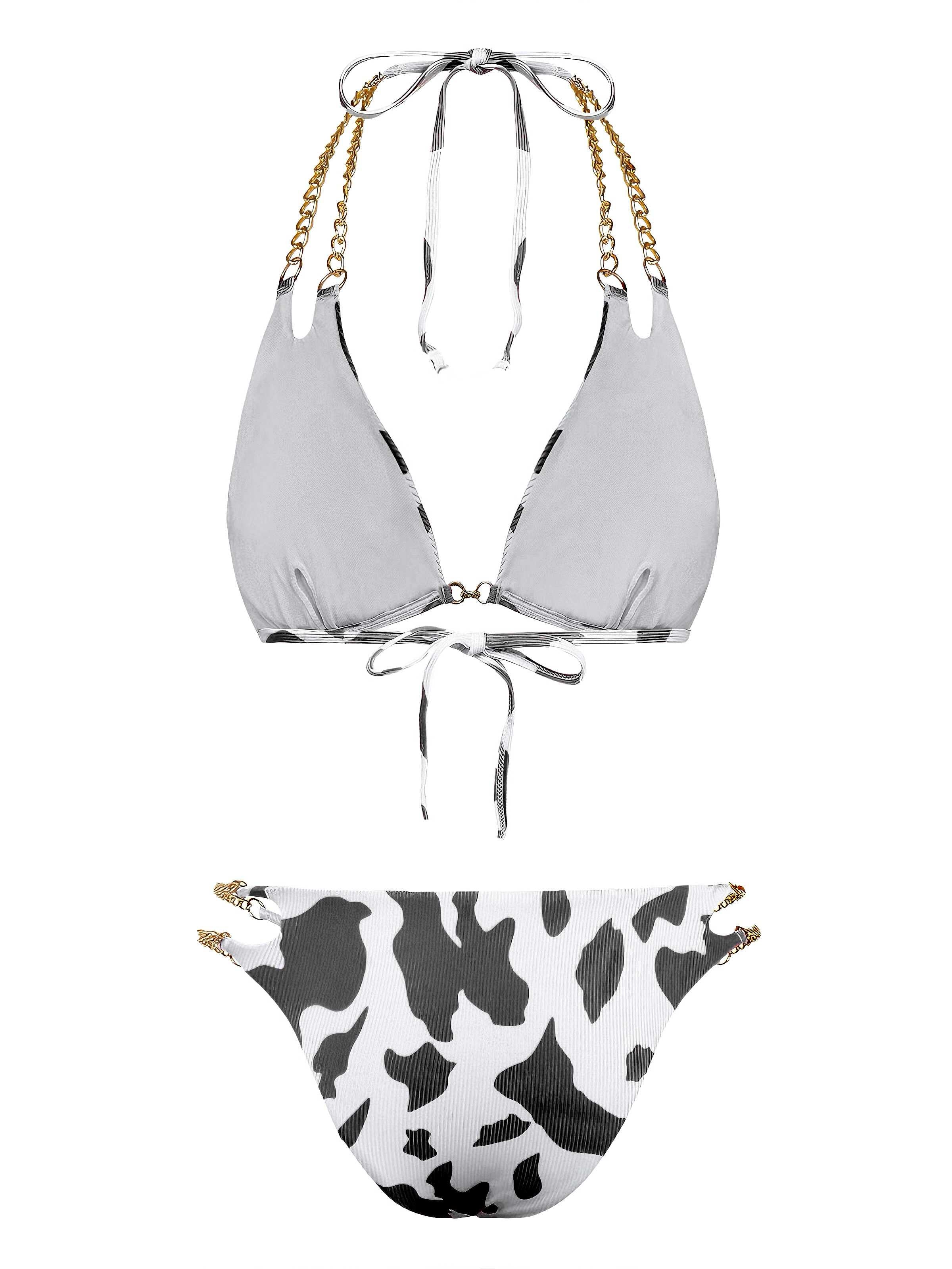 1970s Ribbed Cow Print Chain Halter Bikini Set - Image 9