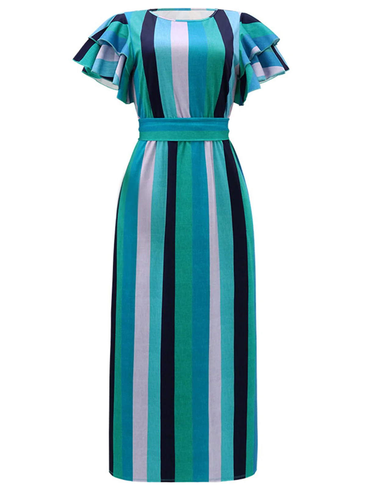 1970s Roman Stripes Ruffle Sleeve Dress - Image 5
