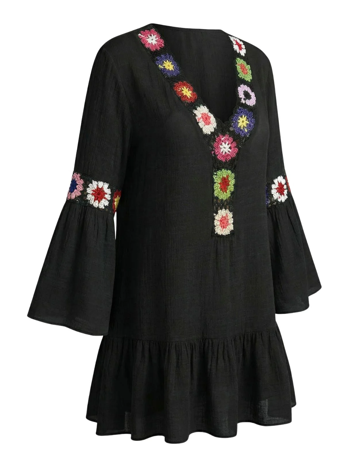 1970s Ruffle Embroidery Floral V-Neck Cover-Up - Image 2