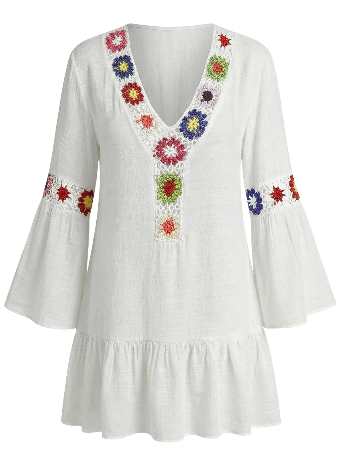 1970s Ruffle Embroidery Floral V-Neck Cover-Up - Image 4