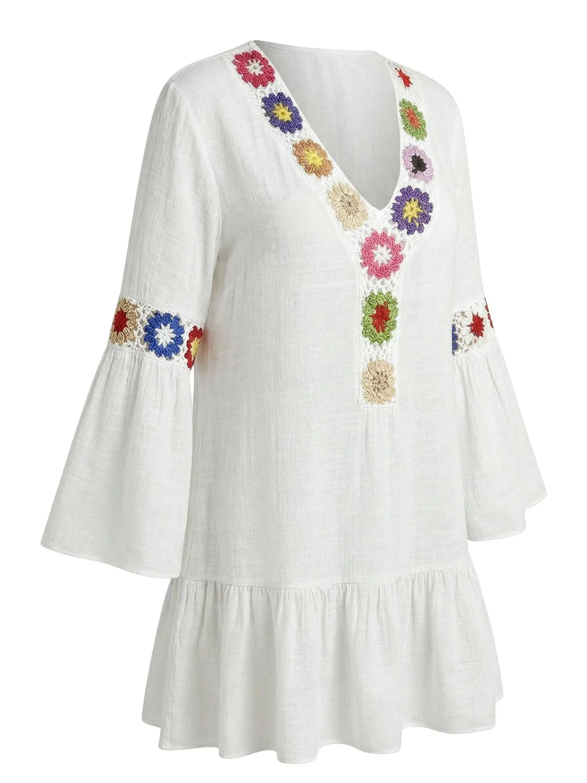 1970s Ruffle Embroidery Floral V-Neck Cover-Up - Image 5