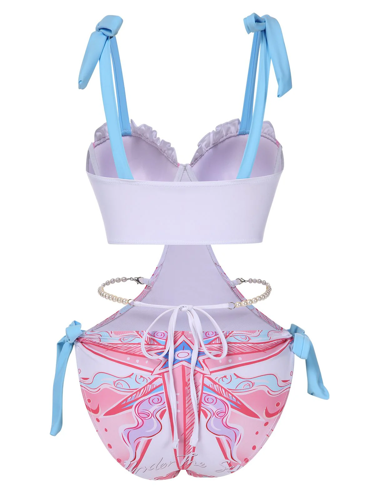 1970s Ruffled Pearl Chain Hollow Waist Swimsuit - Image 3