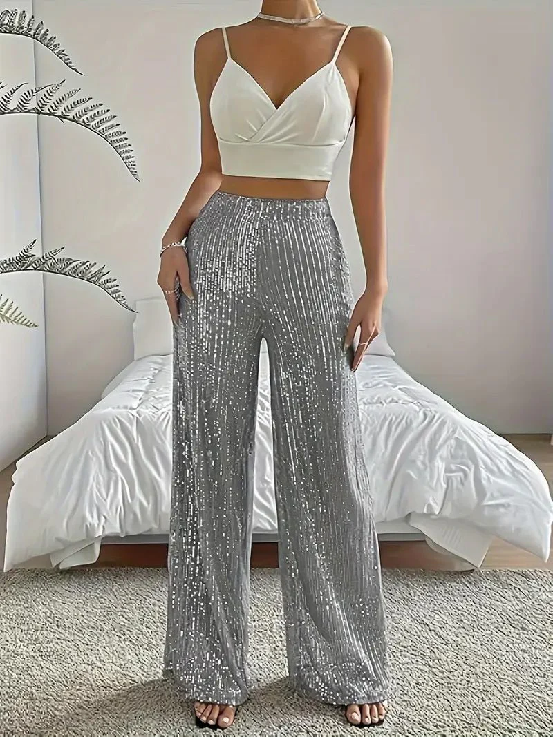 1970s Sequin Loose Flowy Wide-Leg Pants - Image 5