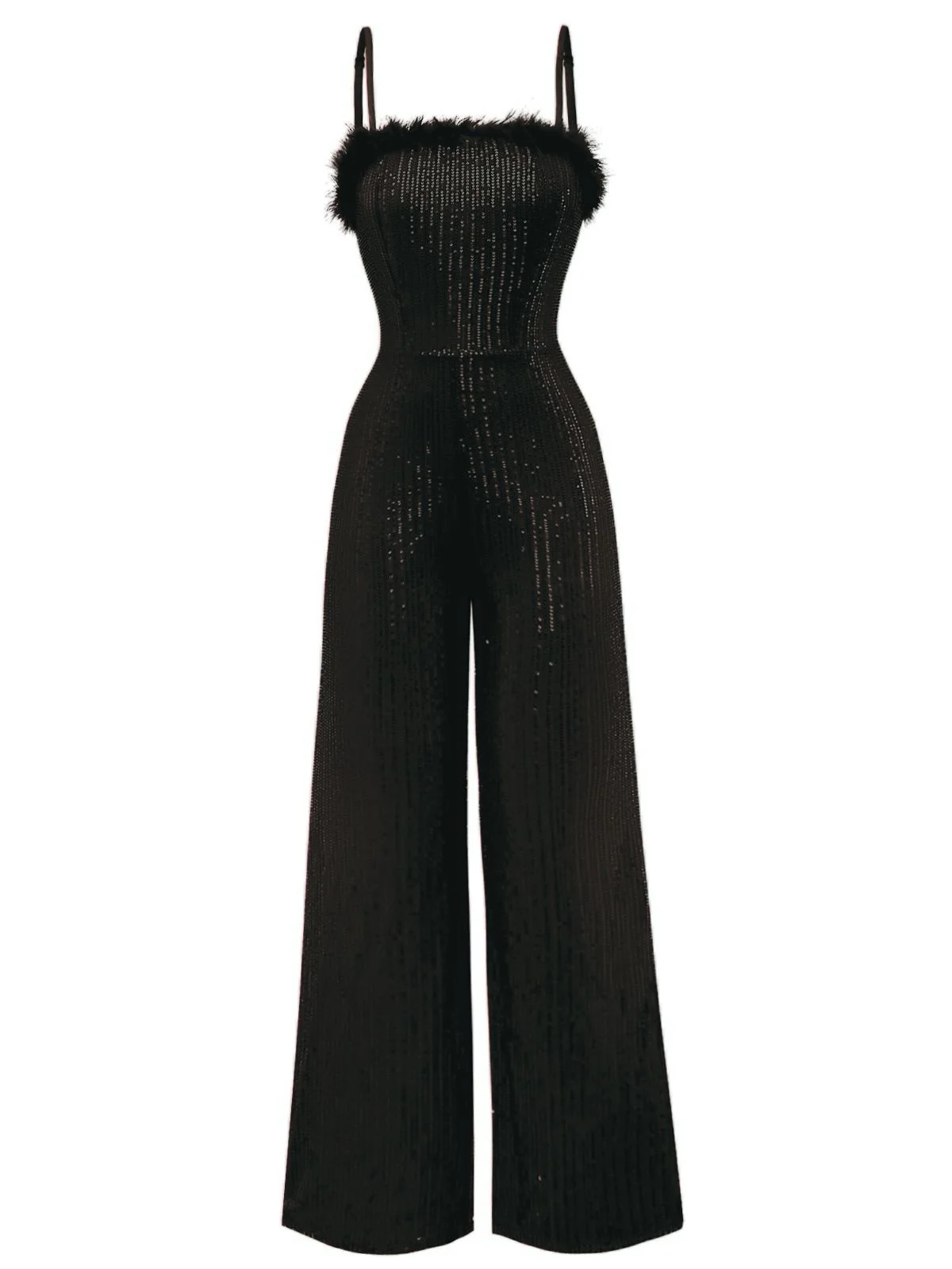 1970s Sequined Fur Trim Patchwork Spaghetti Strap Jumpsuit - Image 4