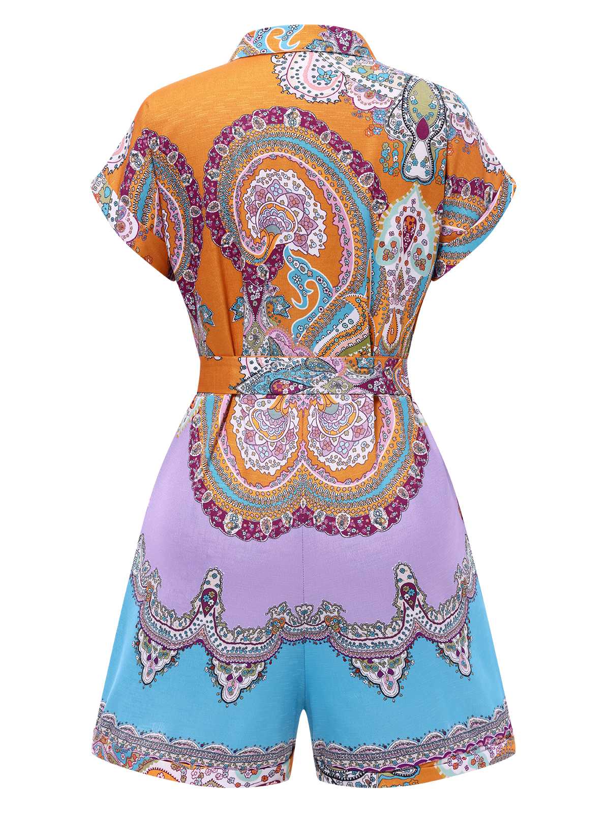 1970s Shirt Neck Paisley Print Belted Romper - Image 2